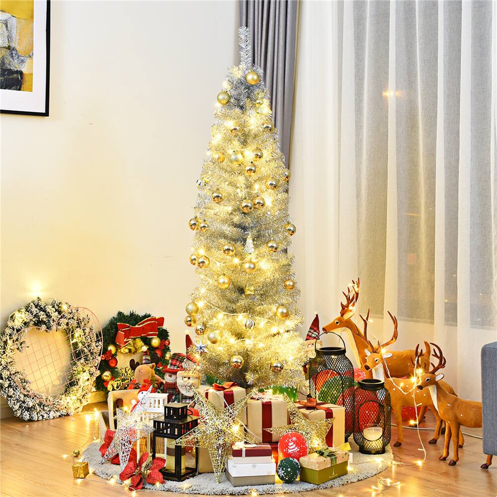 Costway 6ft. Unlit Silver Slim Pencil Tinsel Artificial Christmas Tree