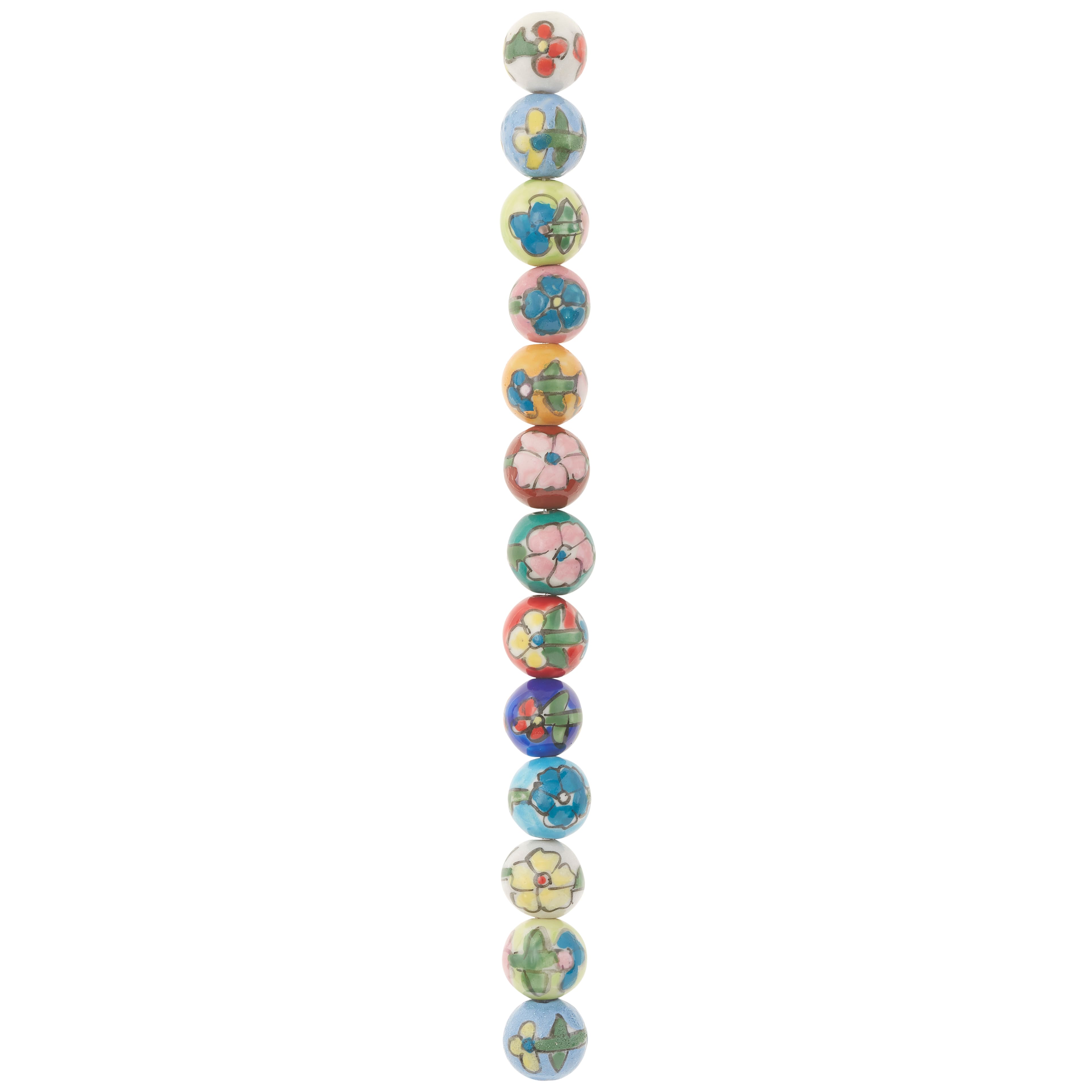 Multicolor Ceramic Flower Design Round Beads, 14mm by Bead Landing™