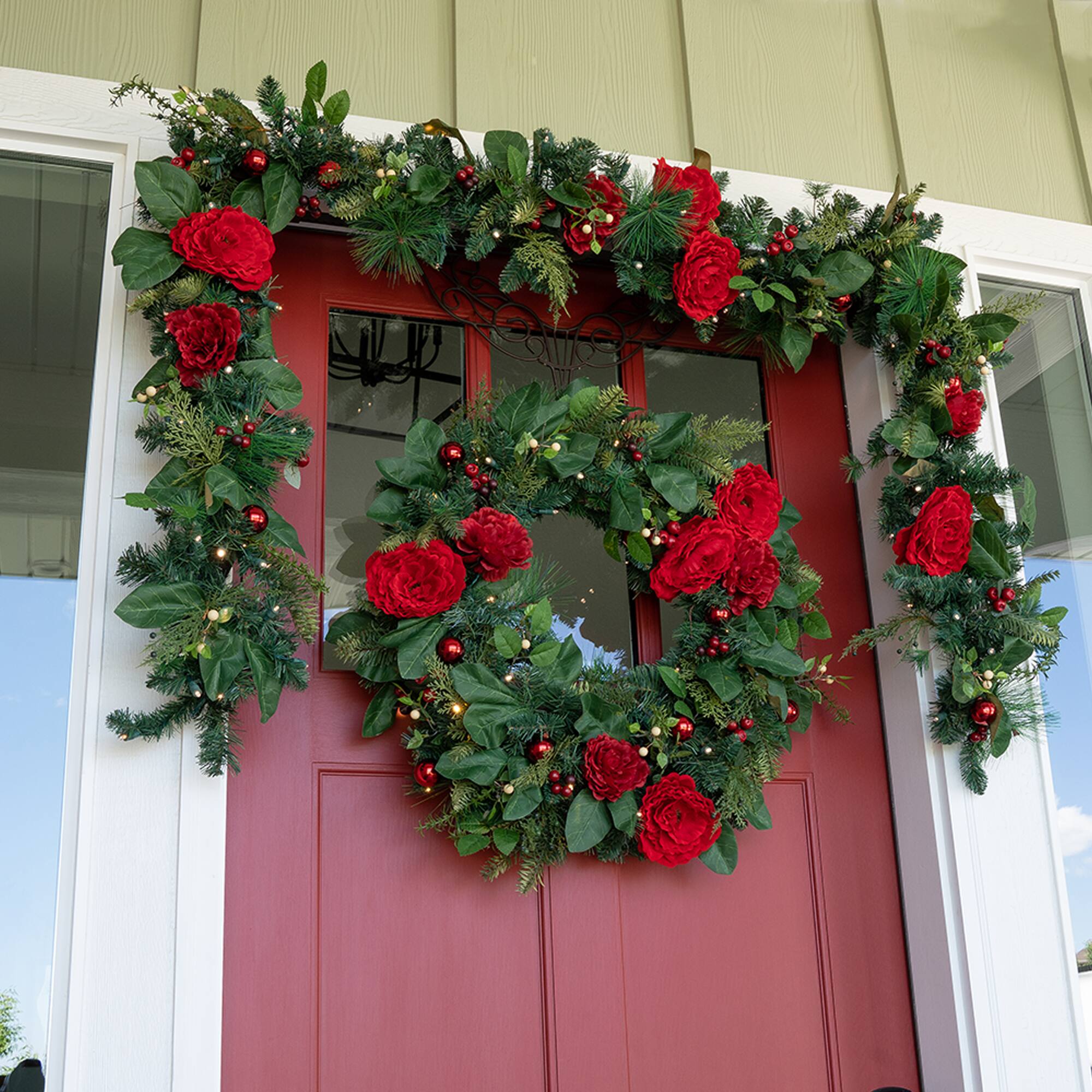Village Lighting 9ft. Pre-Lit LED Red Peonies & Berry Garland