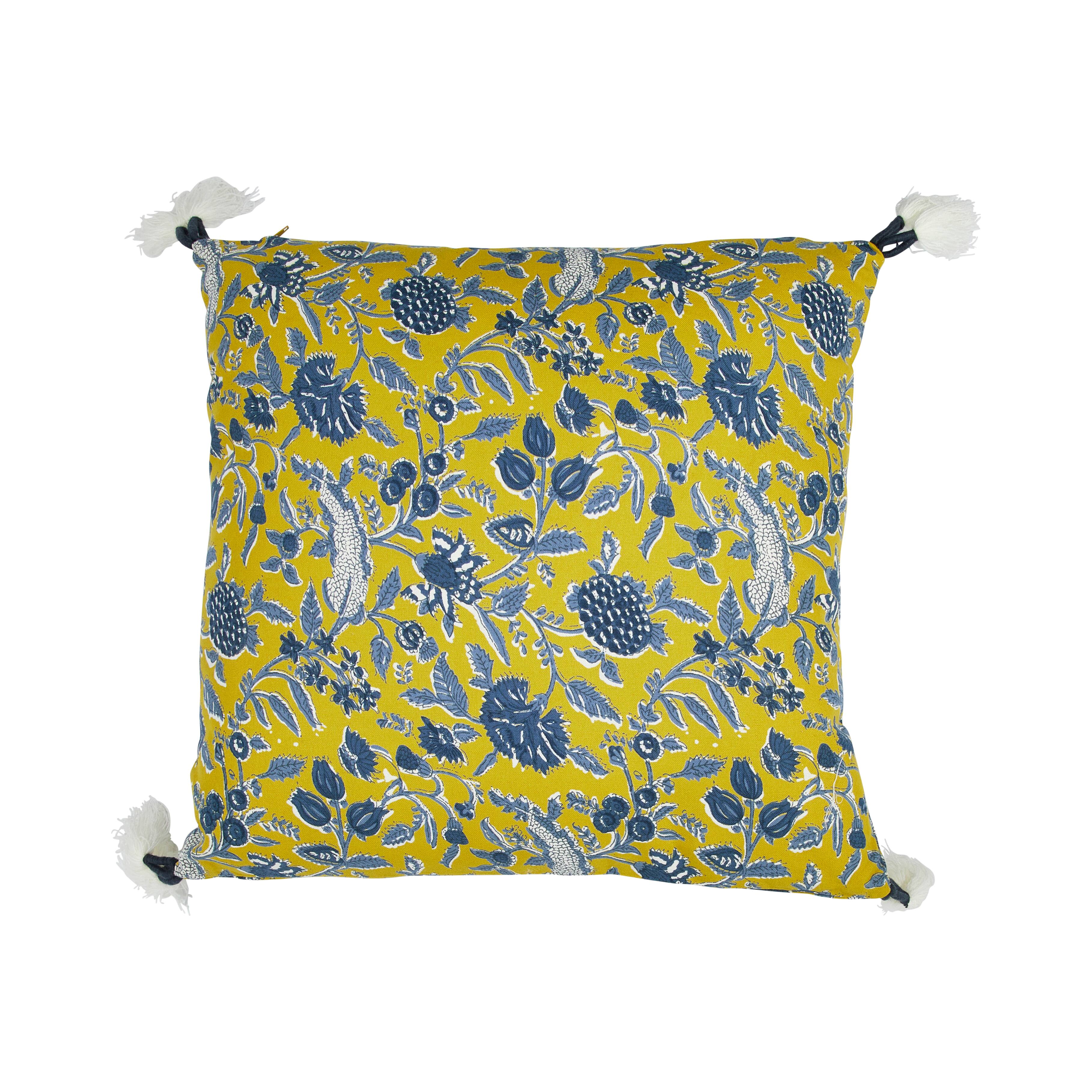 Hello Honey® Chartreuse & Blue Floral Pattern Cotton Pillow with Yarn-Wrapped Tassels