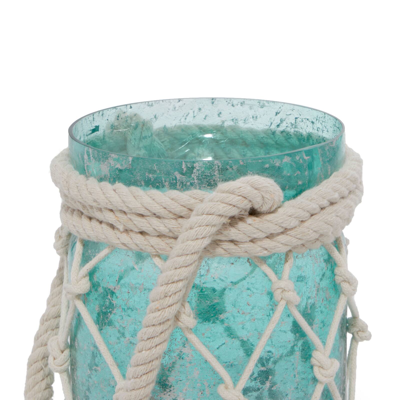 Aquamarine Glass Coastal Candle Holder Lantern, 16&#x22; x 5&#x22; x 5&#x22;