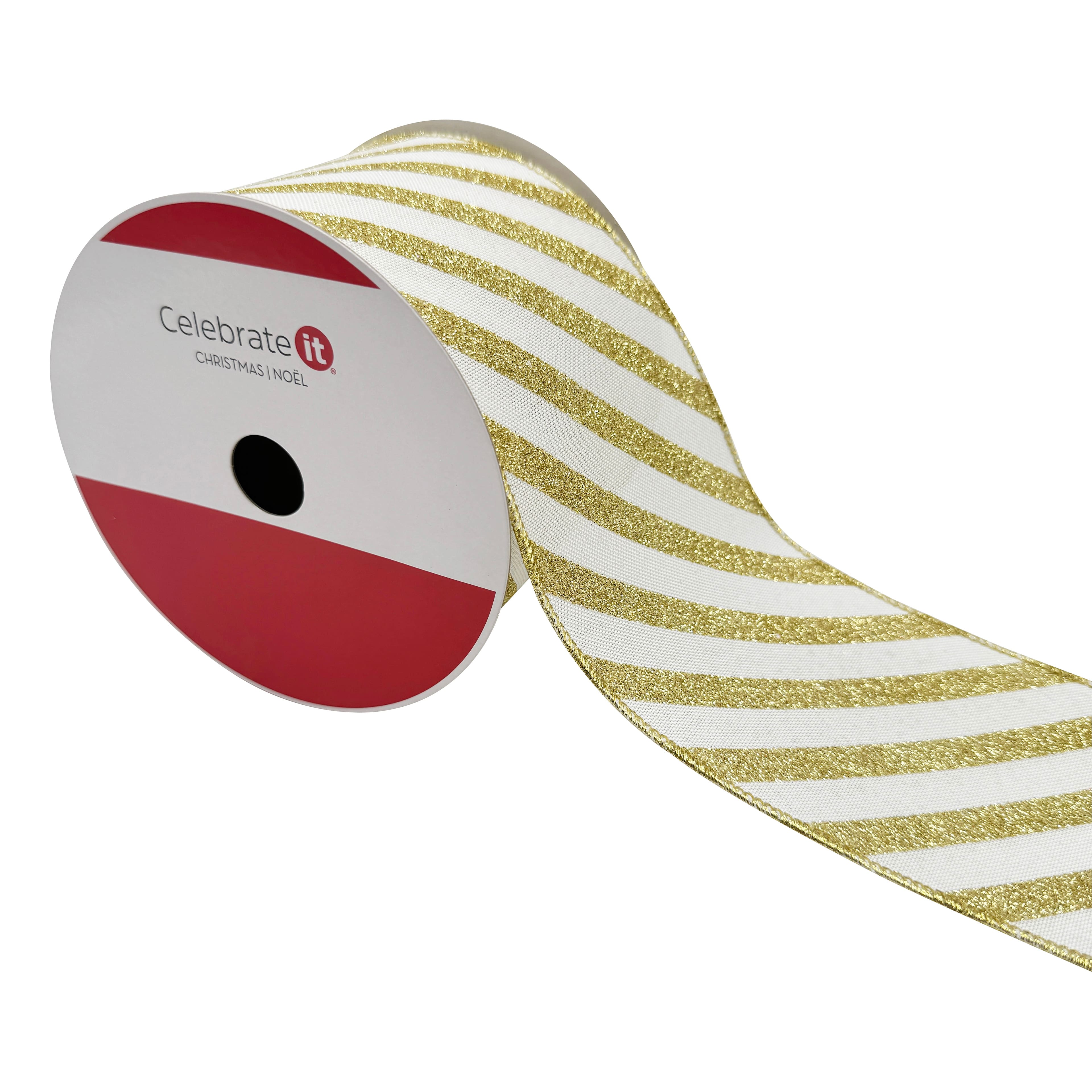 3.5" x 15ft. Gold Glitter Diagonal Stripes Wired Faux Linen Ribbon by Celebrate It®