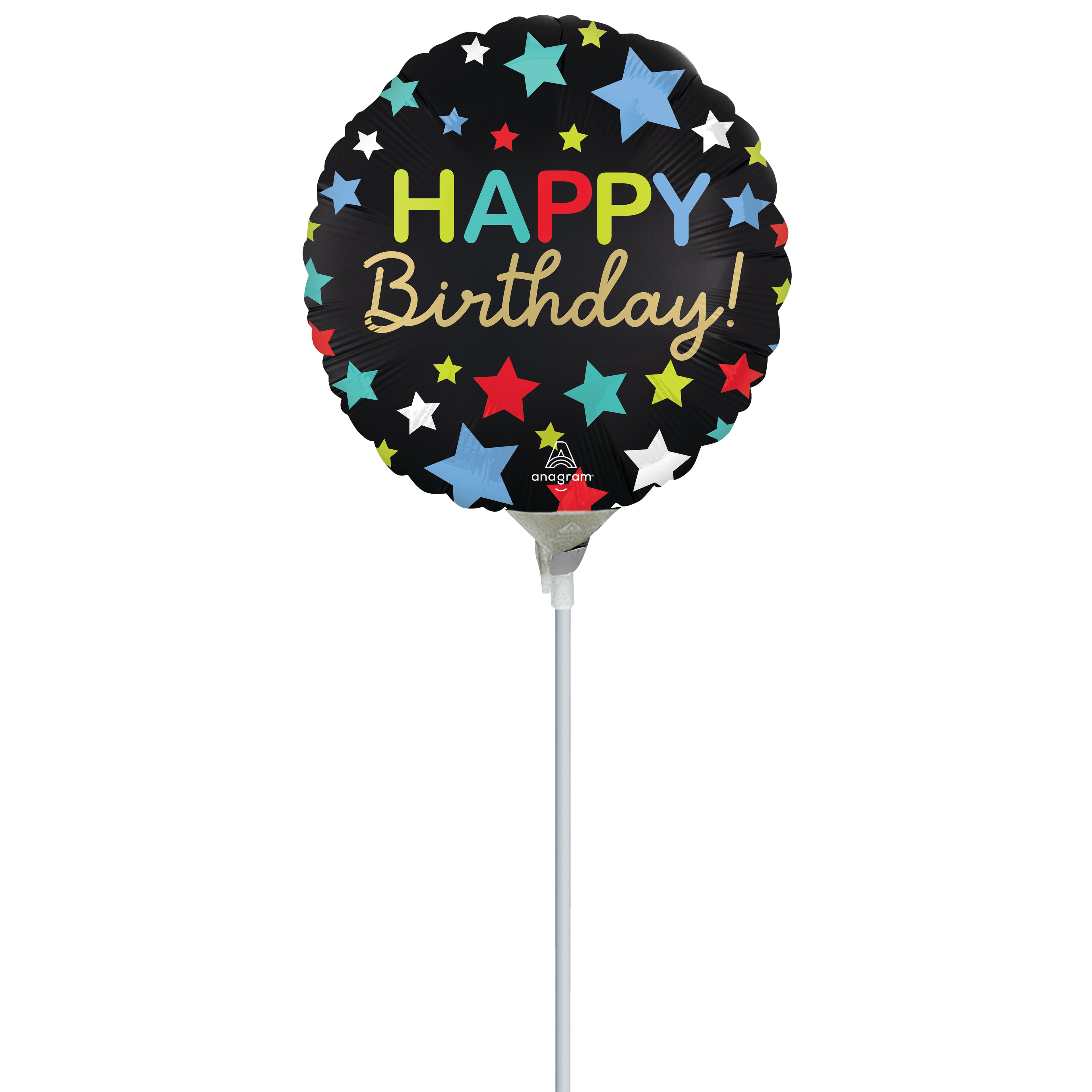 9&#x22; Black &#x26; Multicolor Birthday Foil Balloon Stick