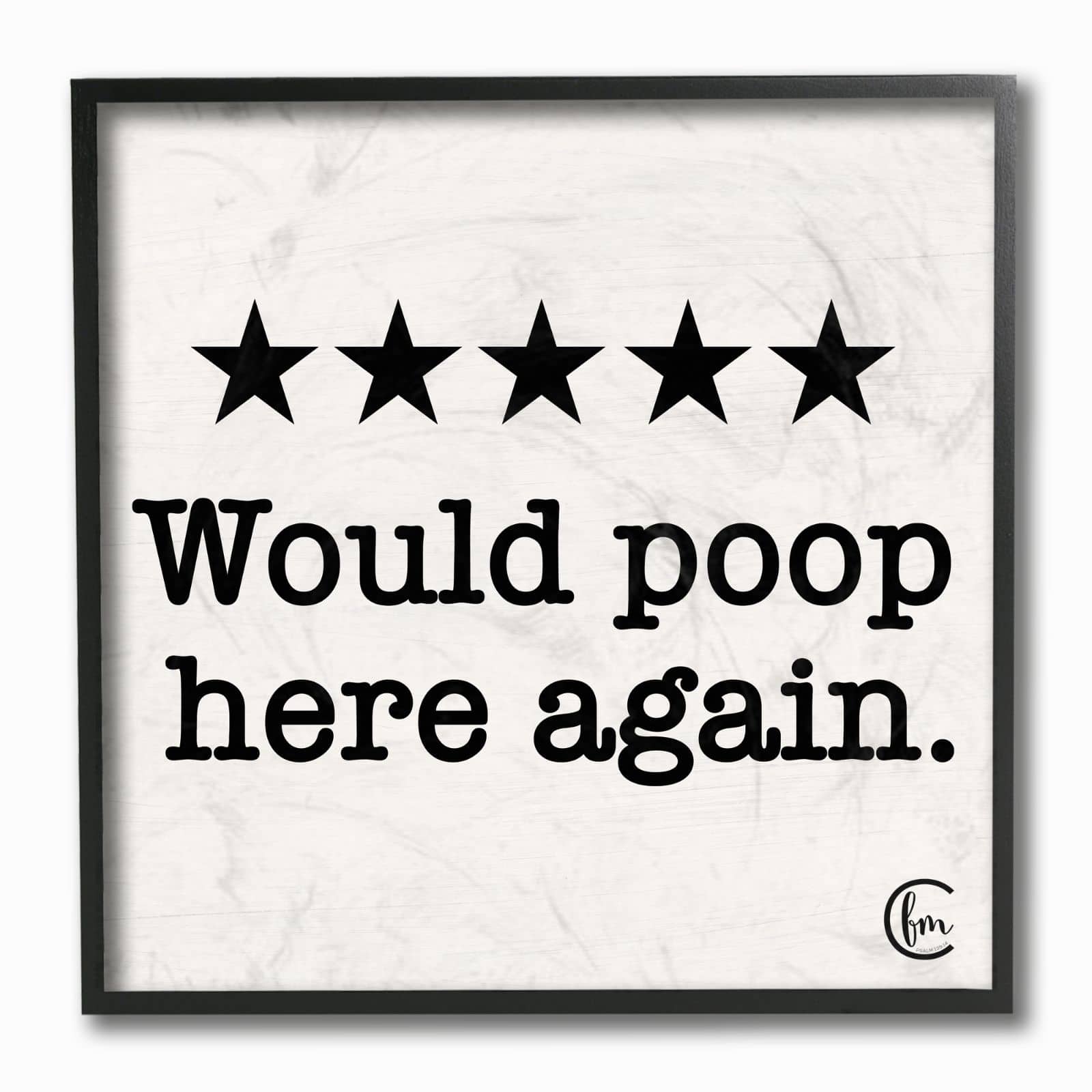 Stupell Industries Bathroom Rating Five Starts Would Poop Here Again Black and White Sign Framed Wall Art