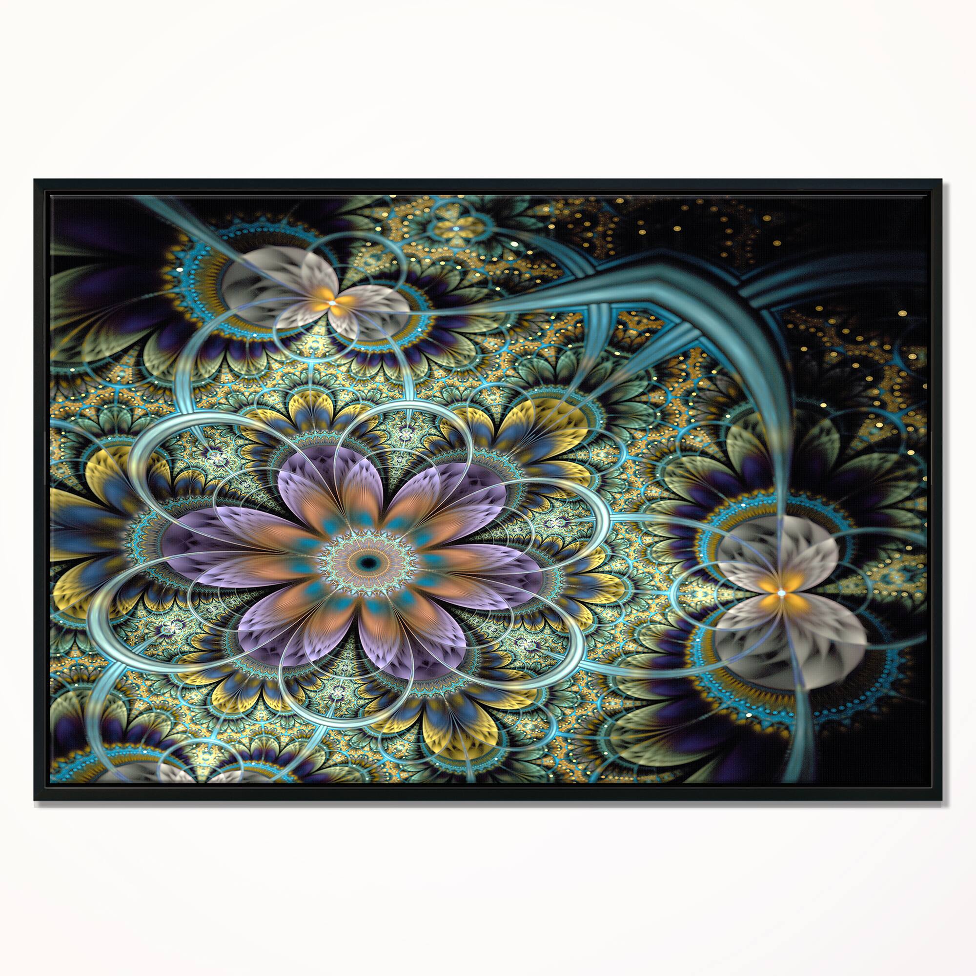 Designart - Symmetrical Green Fractal Flower - Large Floral Art Canvas Print in Black Frame