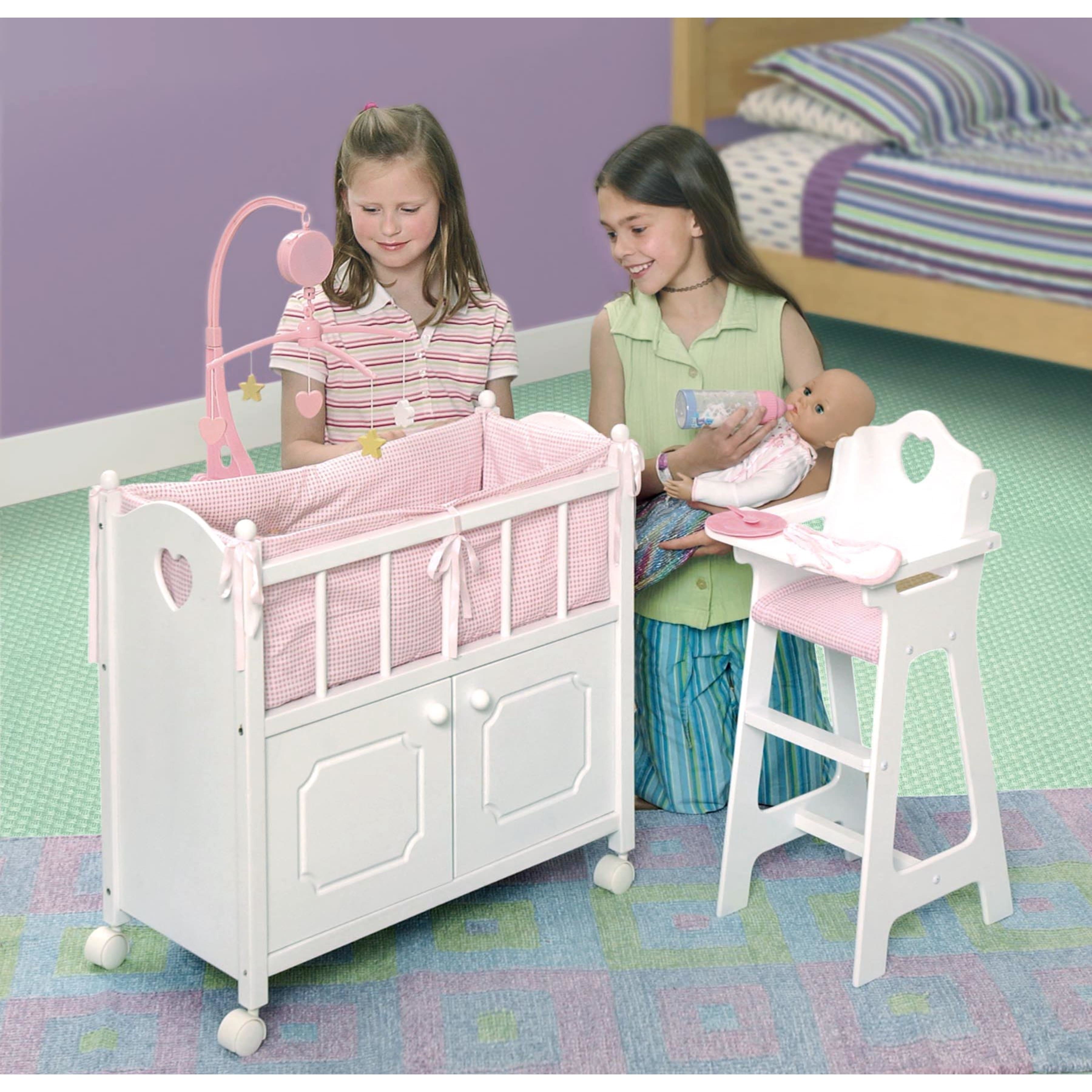 Badger Basket White Doll Crib with Cabinet Bedding and Mobile