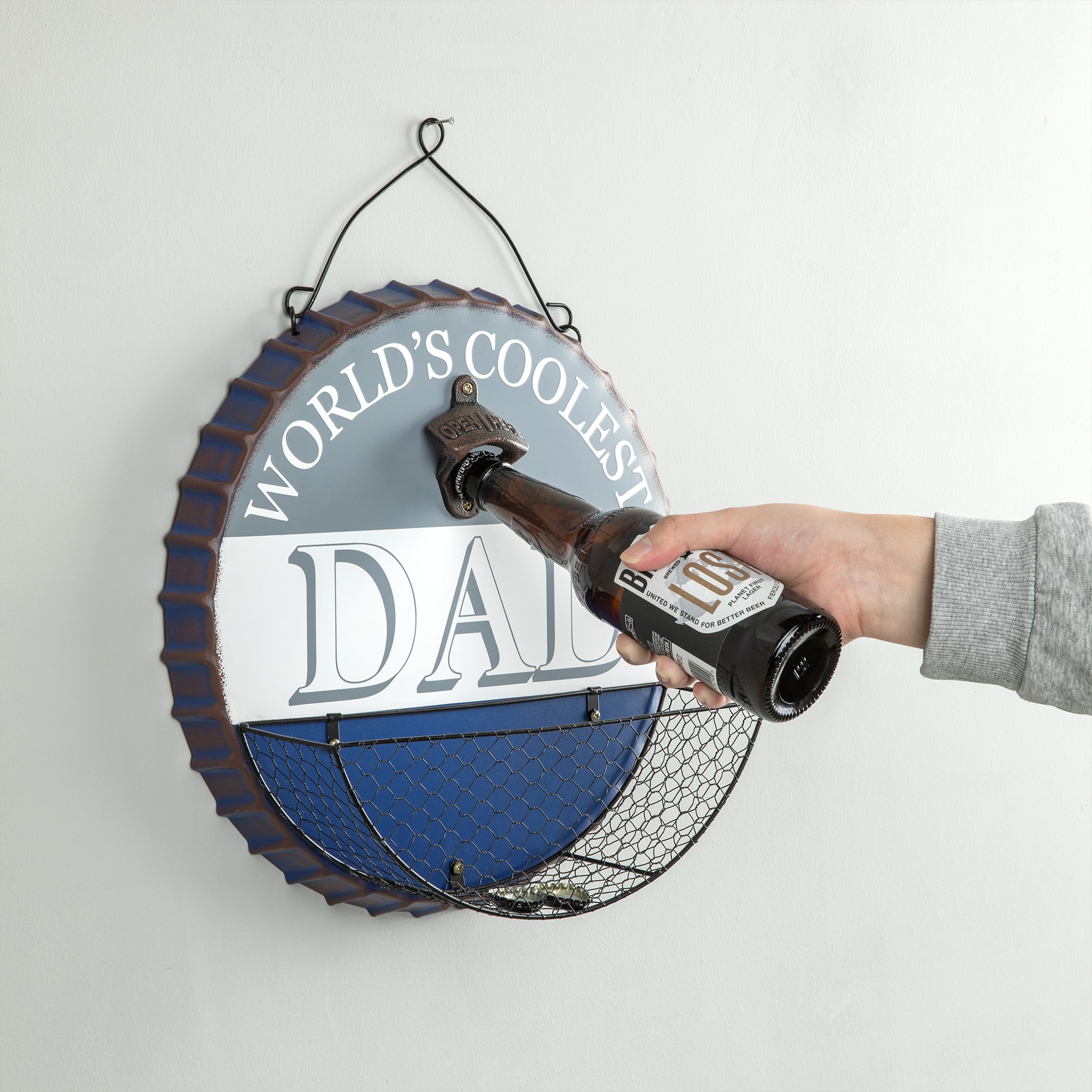 Glitzhome&#xAE; 13&#x22; Father&#x27;s Day Metal Bottle Cap Bottle Opener Wall Sign &#x26; Organizer