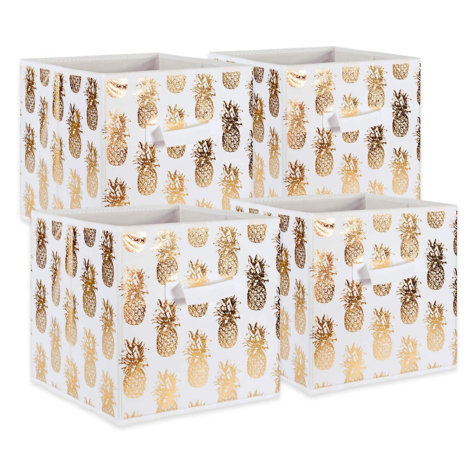 DII® 11" Nonwoven Polyester White & Gold Pineapple Storage Cube, 4ct.