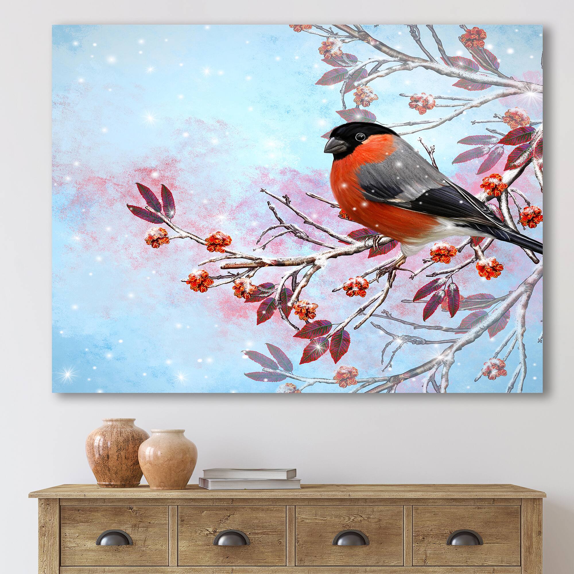 Designart - Two Bright Bird Bullfinch Bird Sitting On A Branch - Traditional Canvas Wall Art Print