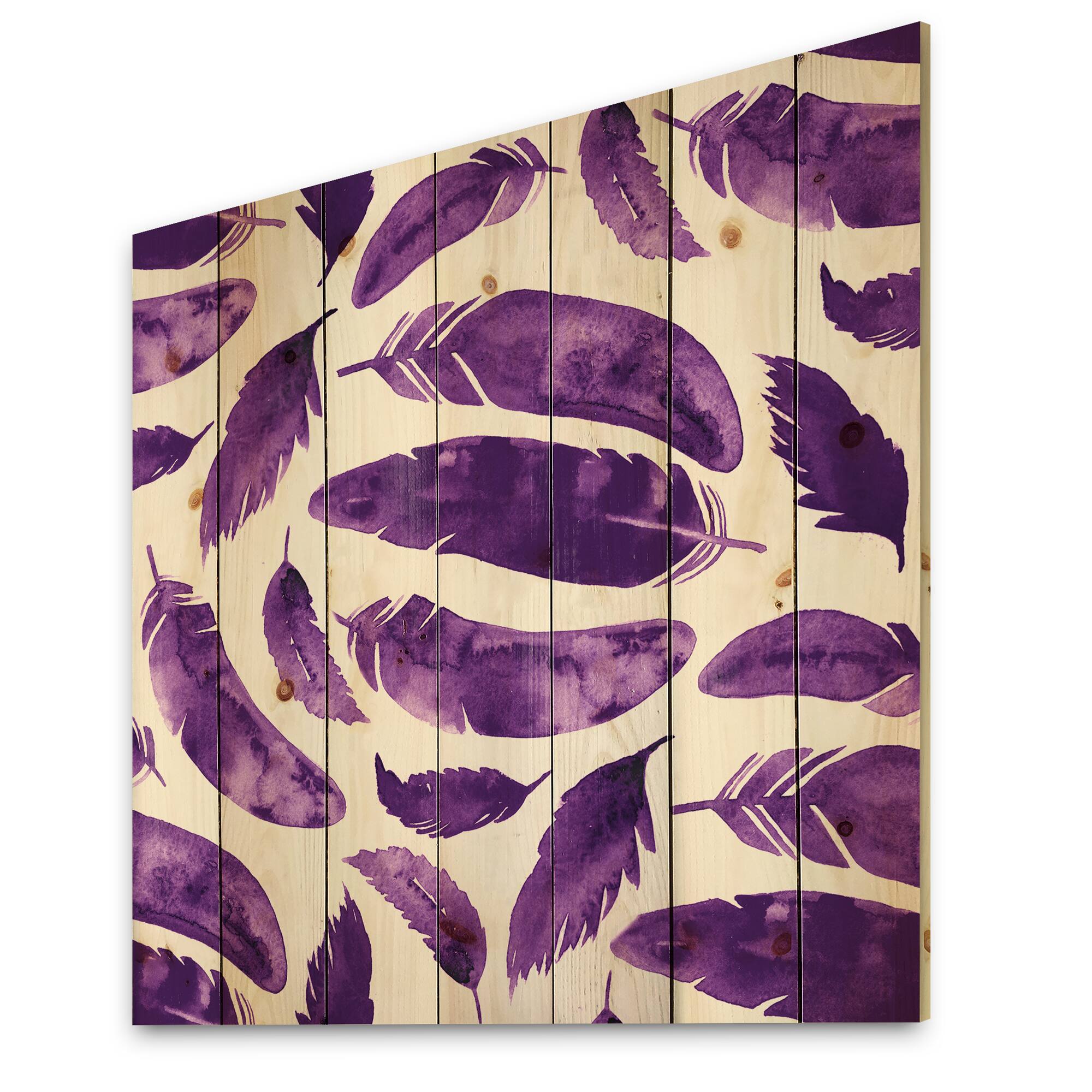 Designart - Ethnic VIolet Feathers - Bohemian & Eclectic Print on Natural Pine Wood