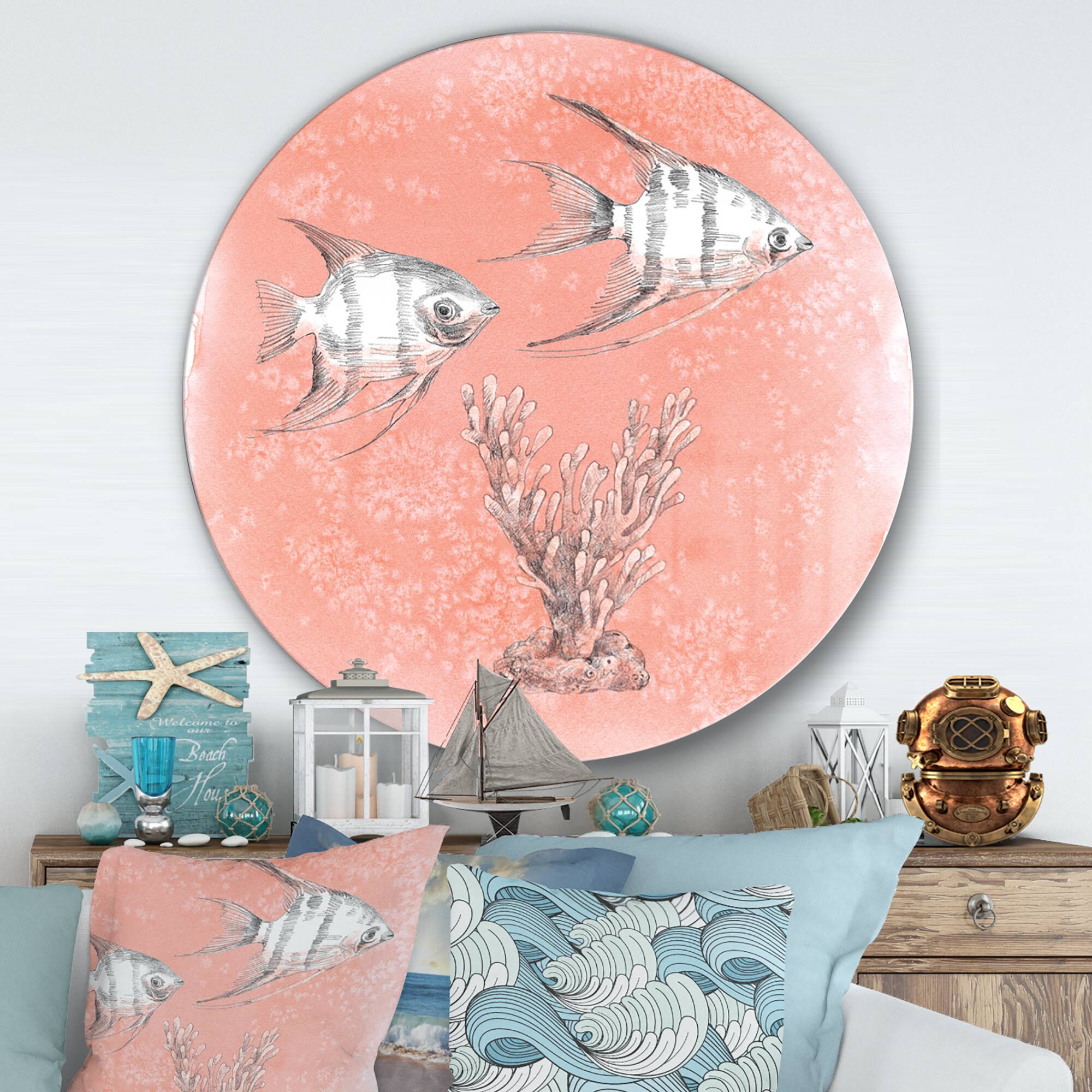 Designart - Coastal Sea Life III fish sketches - Nautical & Coastal Metal Circle Wall Art