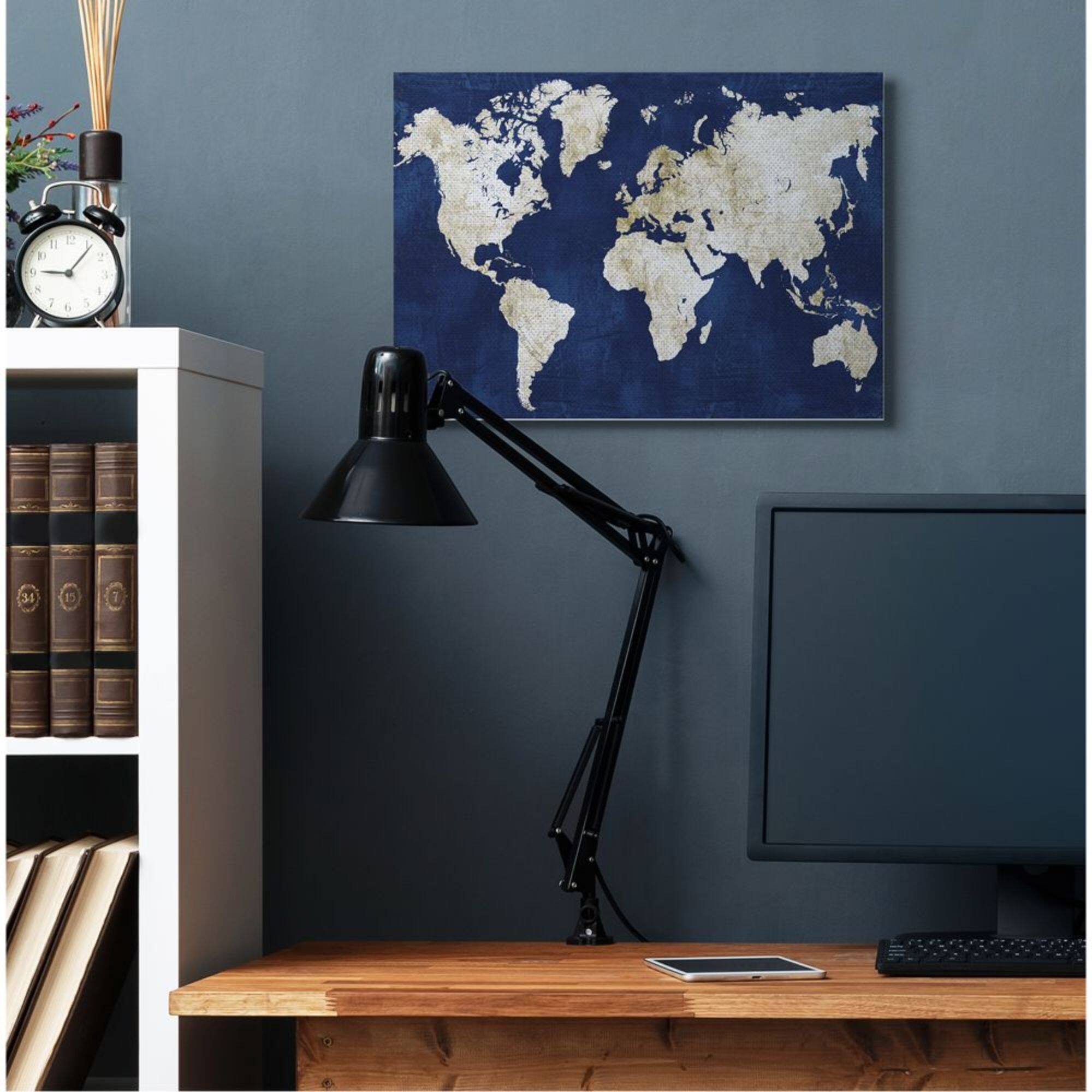 Stupell Industries Navy and Distressed Gold World Map Canvas Wall Art 