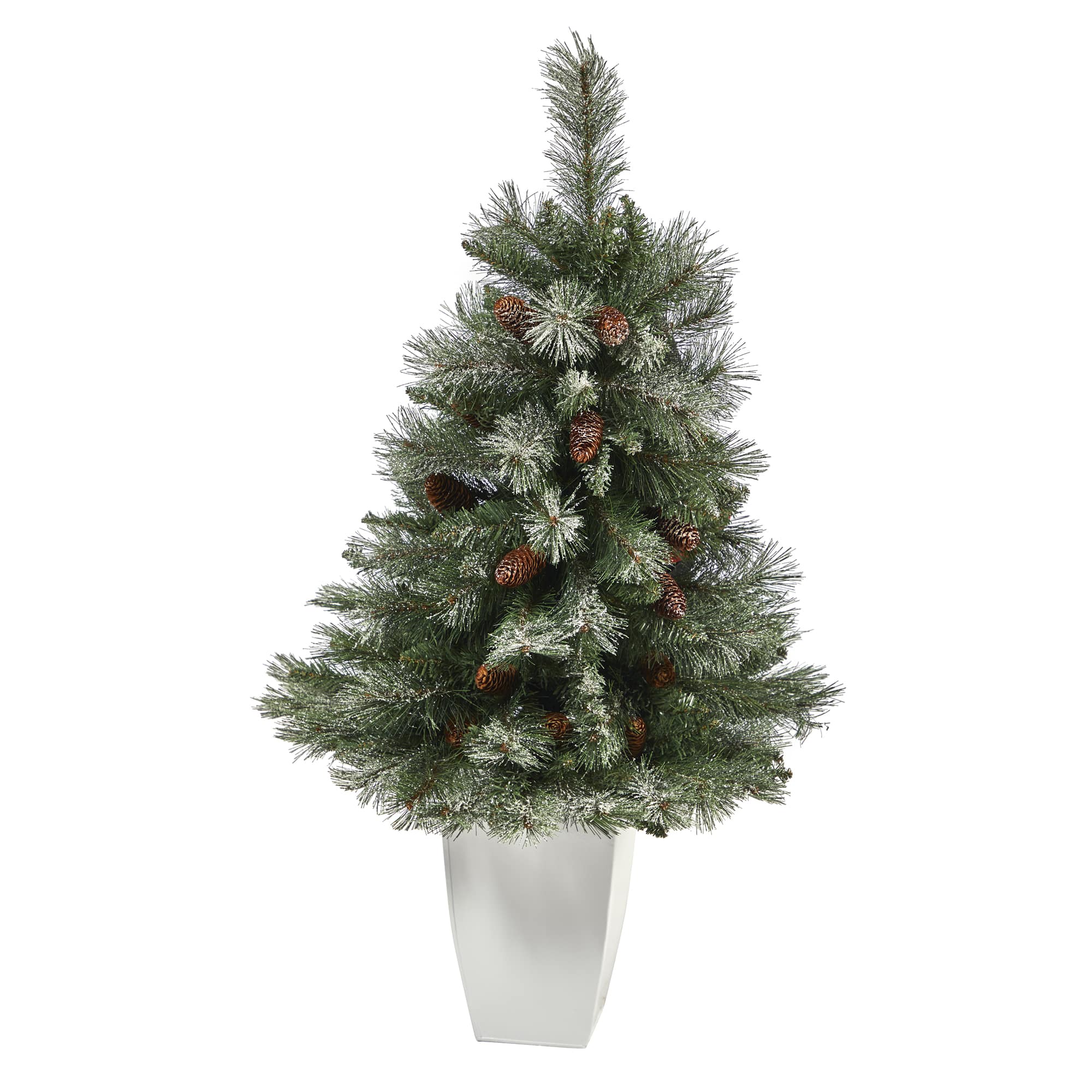 3.5ft. Unlit Snowed French Alps Mountain Pine Artificial Christmas Tree with Pinecones in Metal Planter
