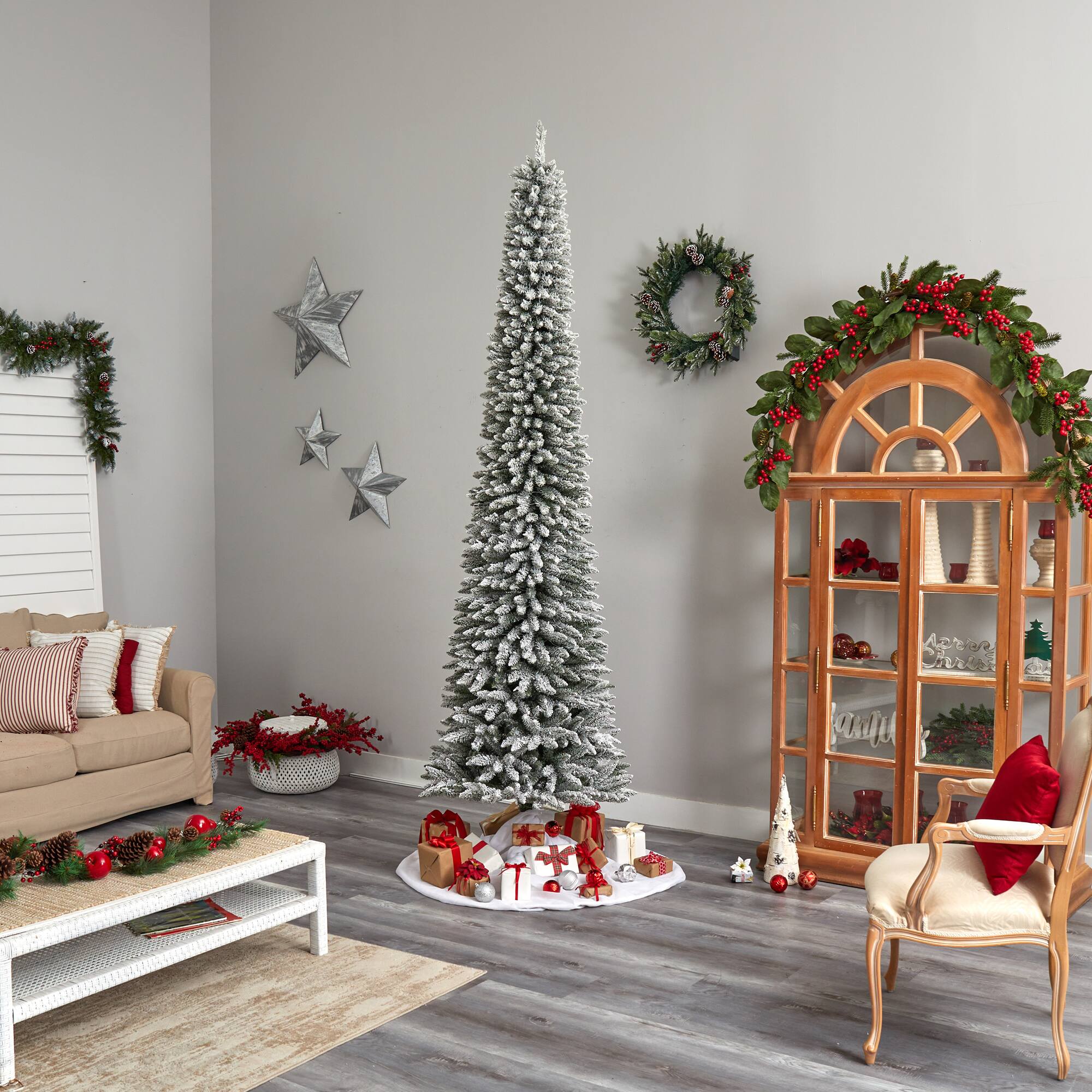 10ft. Pre-Lit Flocked Pencil Artificial Christmas Tree, Clear Lights