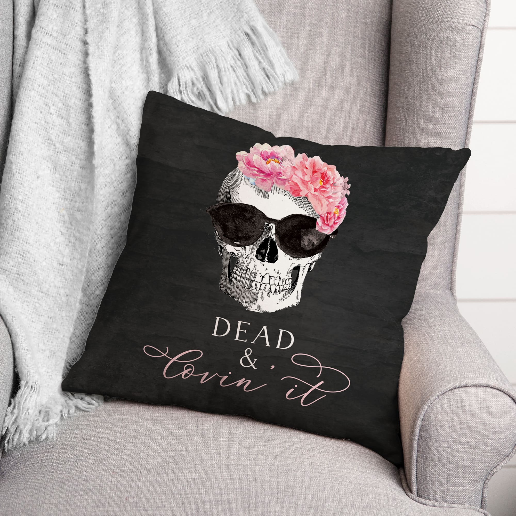 Dead &#x26; Lovin&#x27; It Skull Throw Pillow