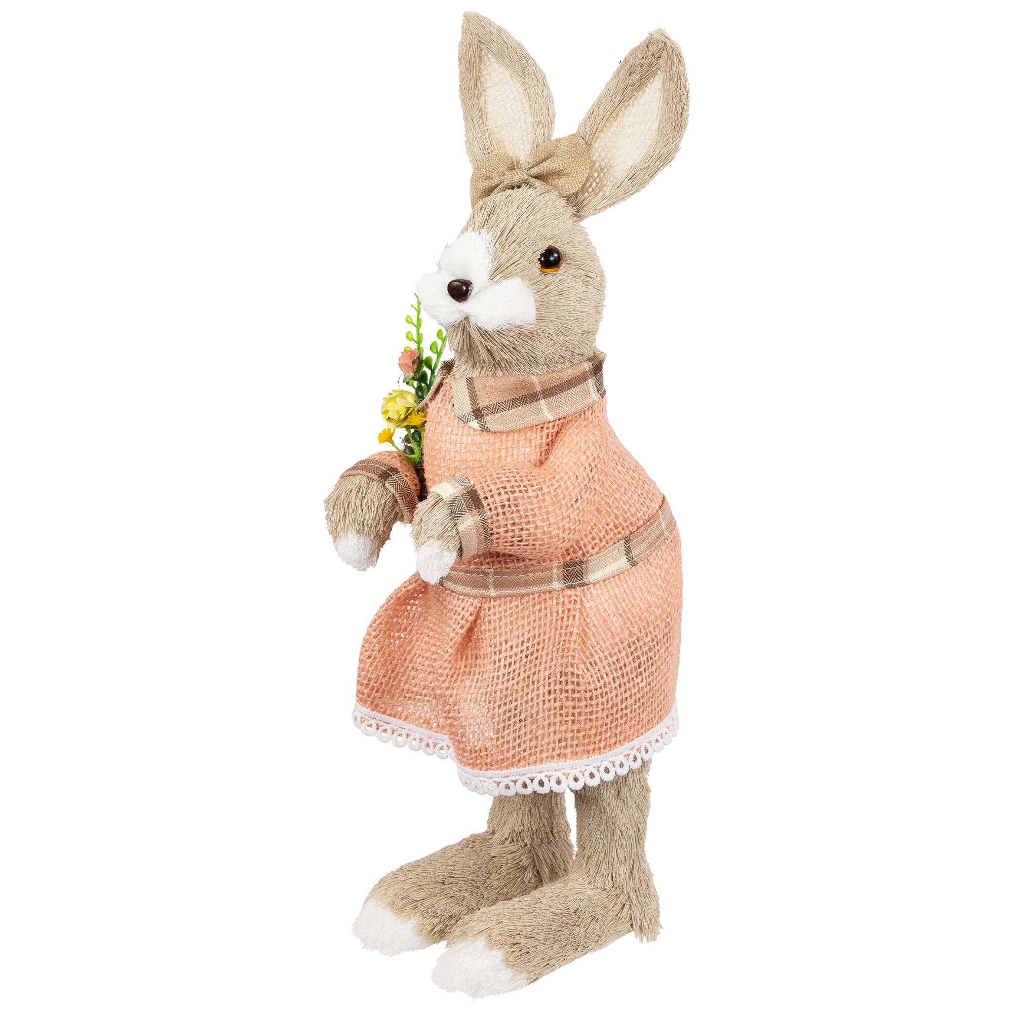 15.25&#x22; Beige Rustic Girl Rabbit Easter Figure with Flowers