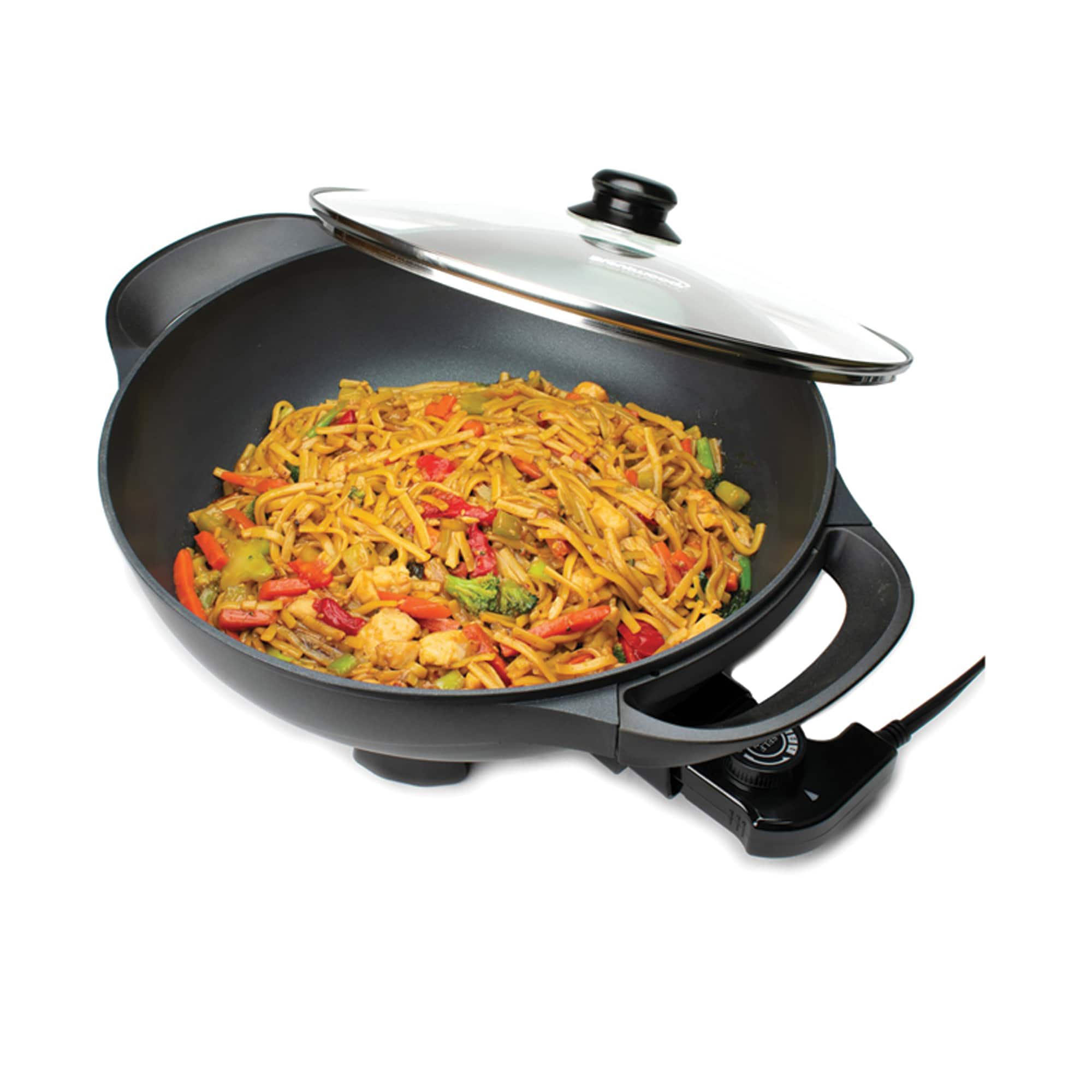 Brentwood 13" Black Nonstick Flat Bottom Electric Wok Skillet with Vented Glass Lid