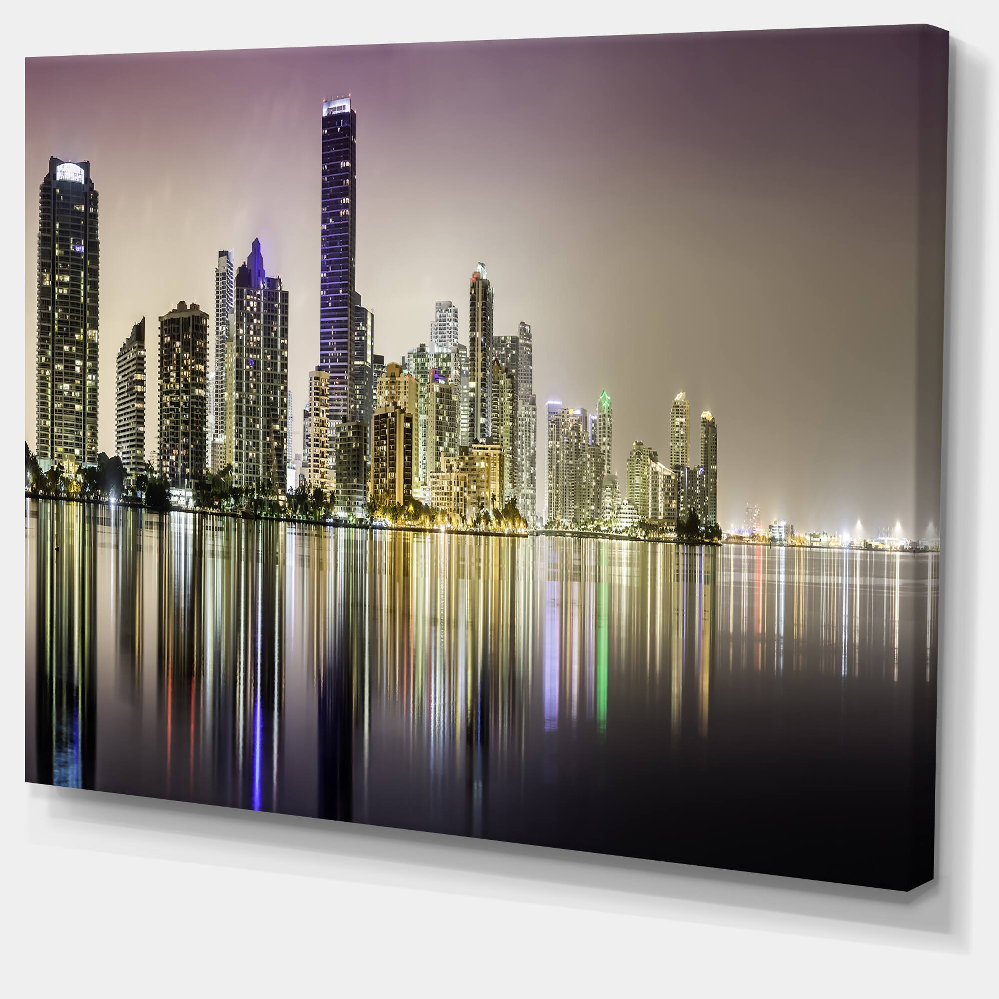 Designart - Miami Downtown Night Panorama - Extra Large Canvas Art Print
