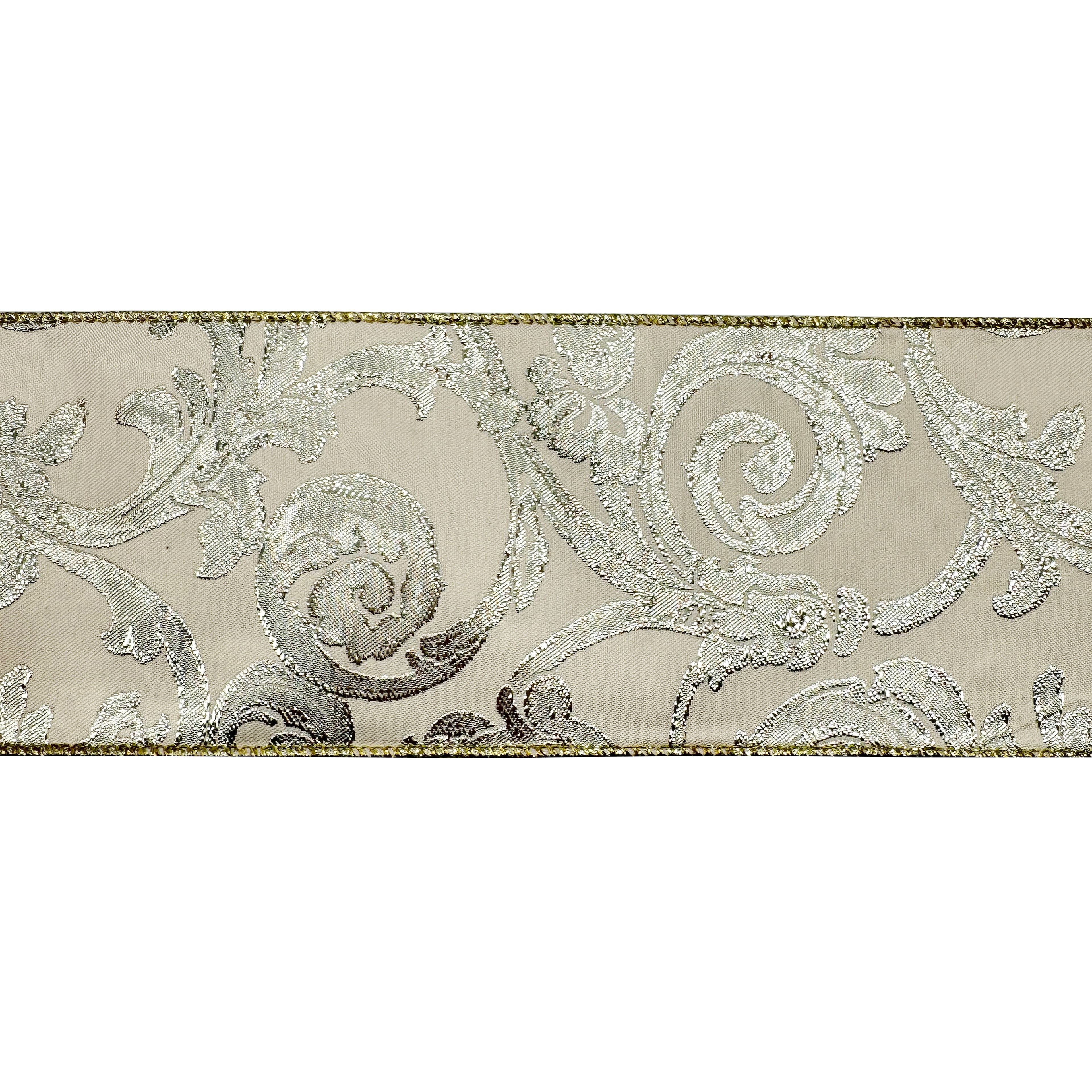 3.5" x 15ft. Silver Jacquard Scroll Wired Ribbon by Celebrate It®