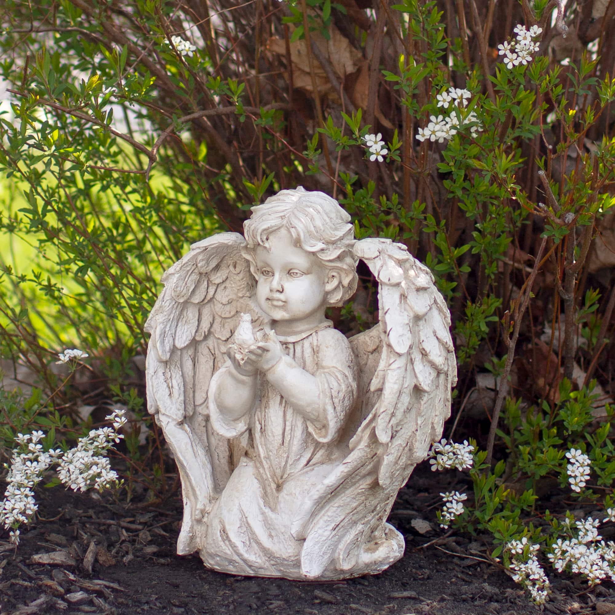 10" Ivory Kneeling Cherub Angel with Dove Garden Statue