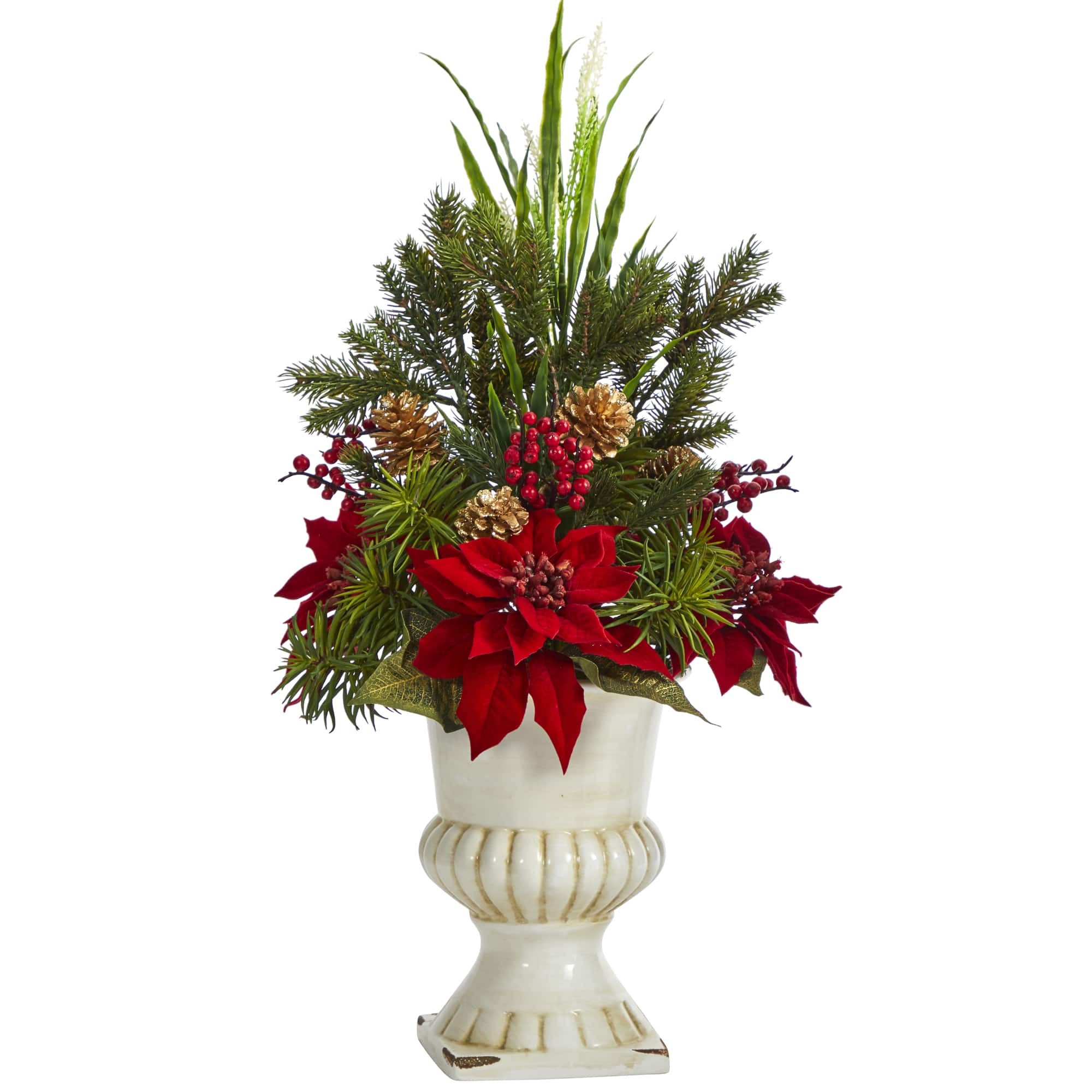 2ft. Poinsettia, Grass &#x26; Succulent Arrangement in White Urn