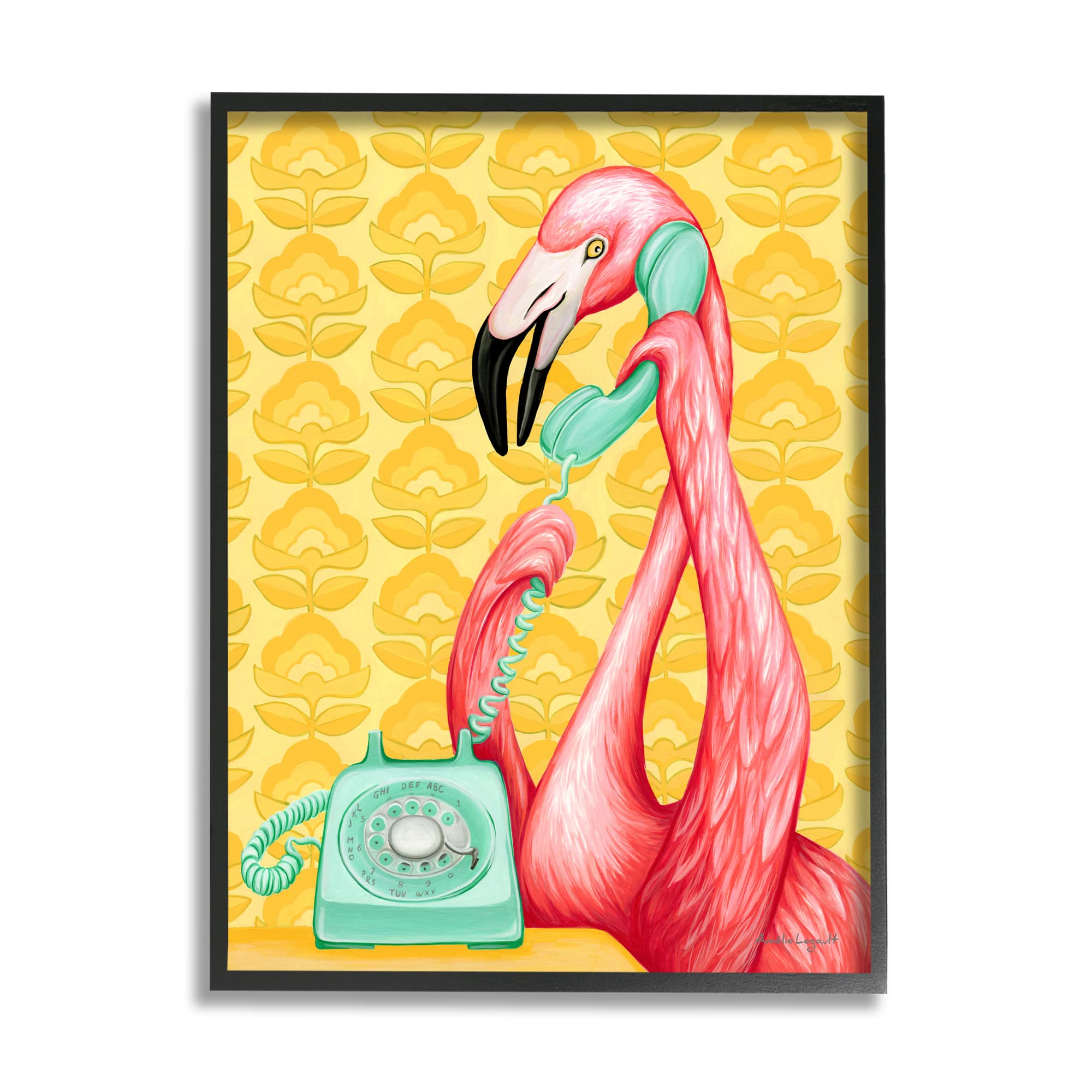 Stupell Industries Flamingo Calling Dial Telephone Groovy Flowers Framed Giclee Art