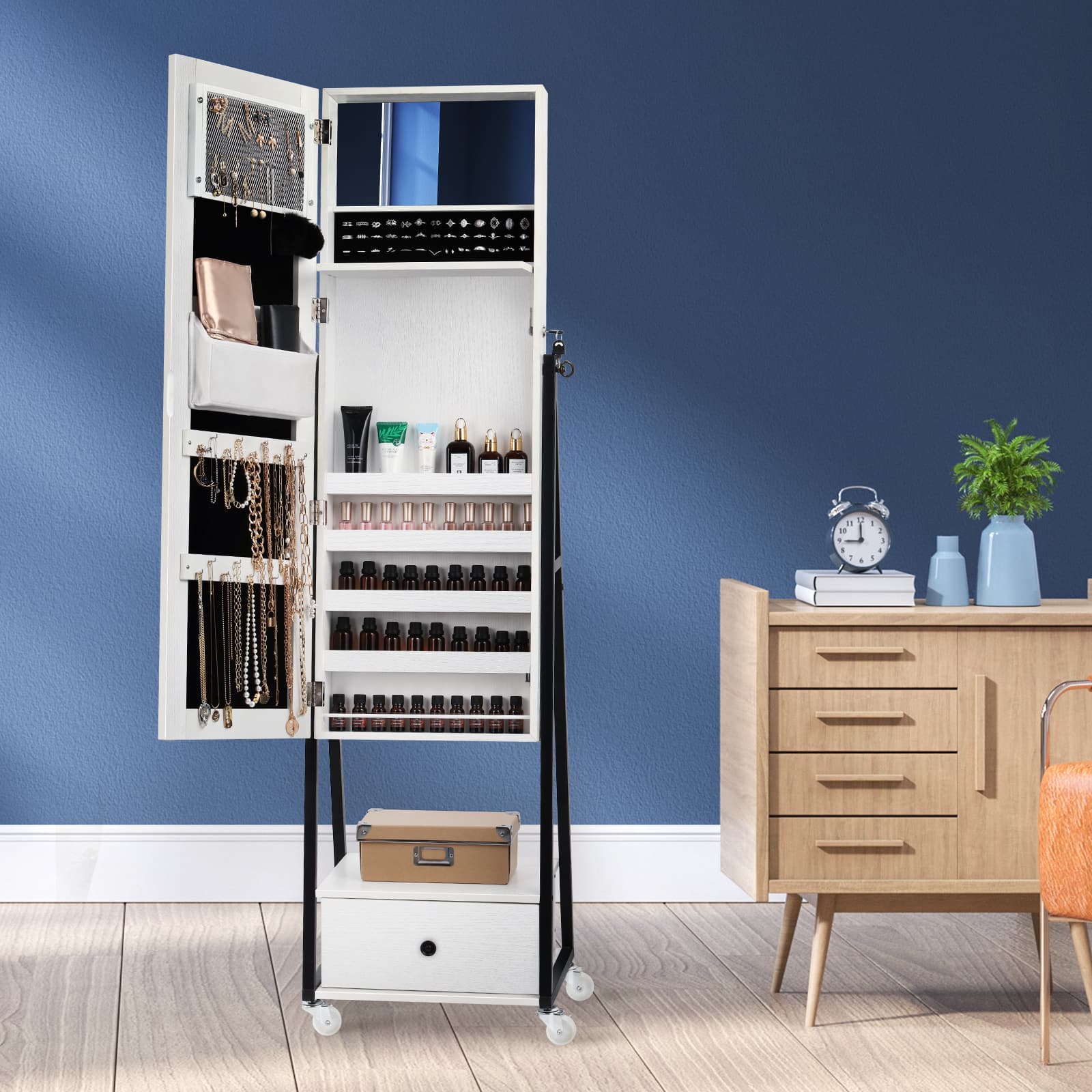 NEX™ 5ft. Pure White Jewelry Armoire on Casters with Chest Drawer