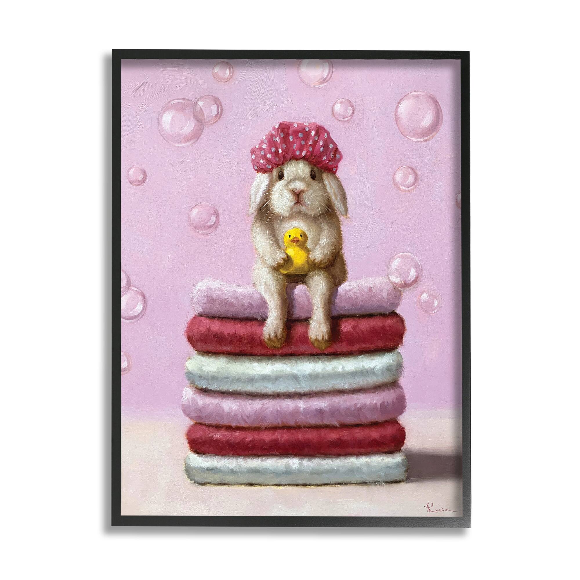 Stupell Industries Cute Baby Rabbit on Bath Towels Soap Bubbles Wall Art in Black Frame