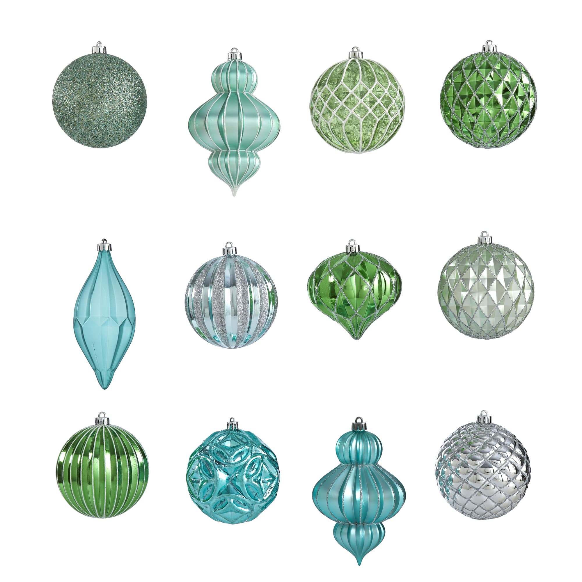 12ct. 4&#x22; Green &#x26; Silver Shatterproof Luxe Ornament Set