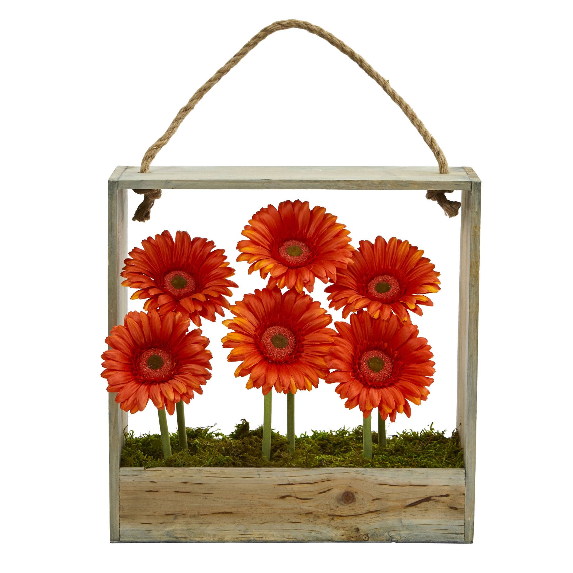 Gerbera Daisy Garden Artificial Arrangement in Hanging Wood Frame