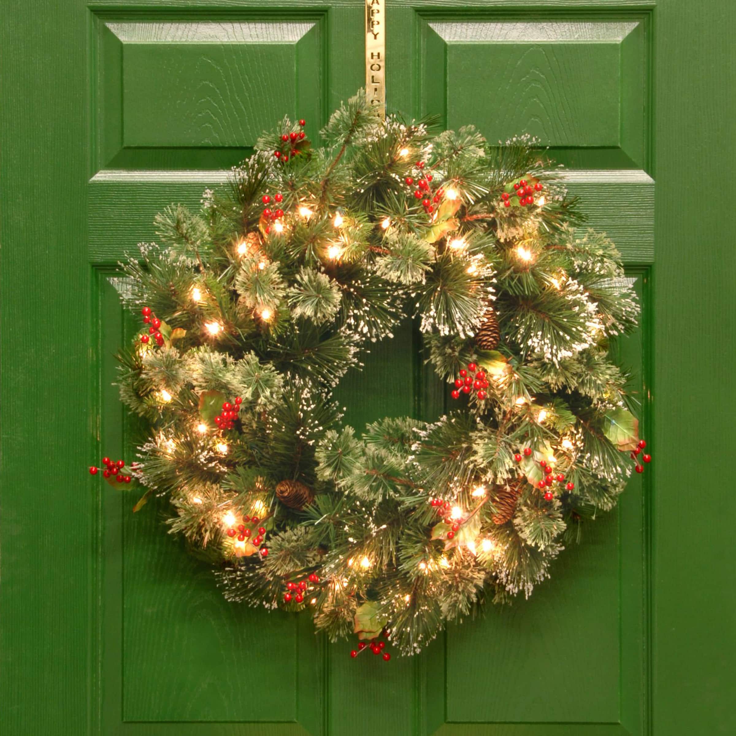 24" Wintry Pine® Wreath with Pine Cones, Red Berries, Snowflakes & Clear Lights