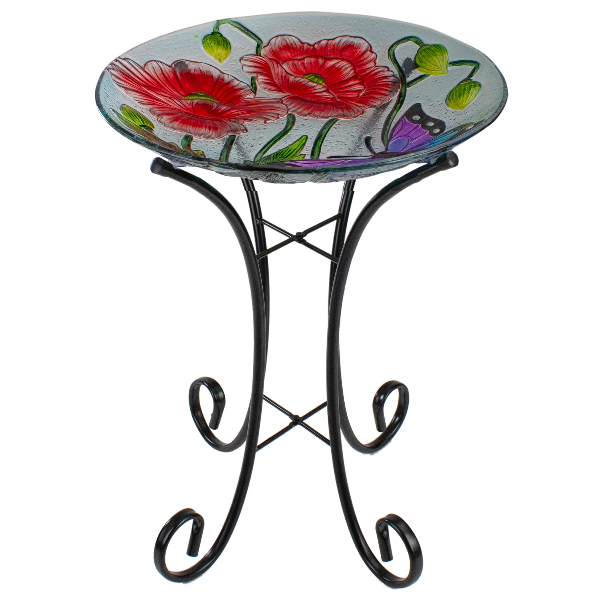 21&#x27;&#x27; Butterfly and Carnations Hand Painted Glass Birdbath