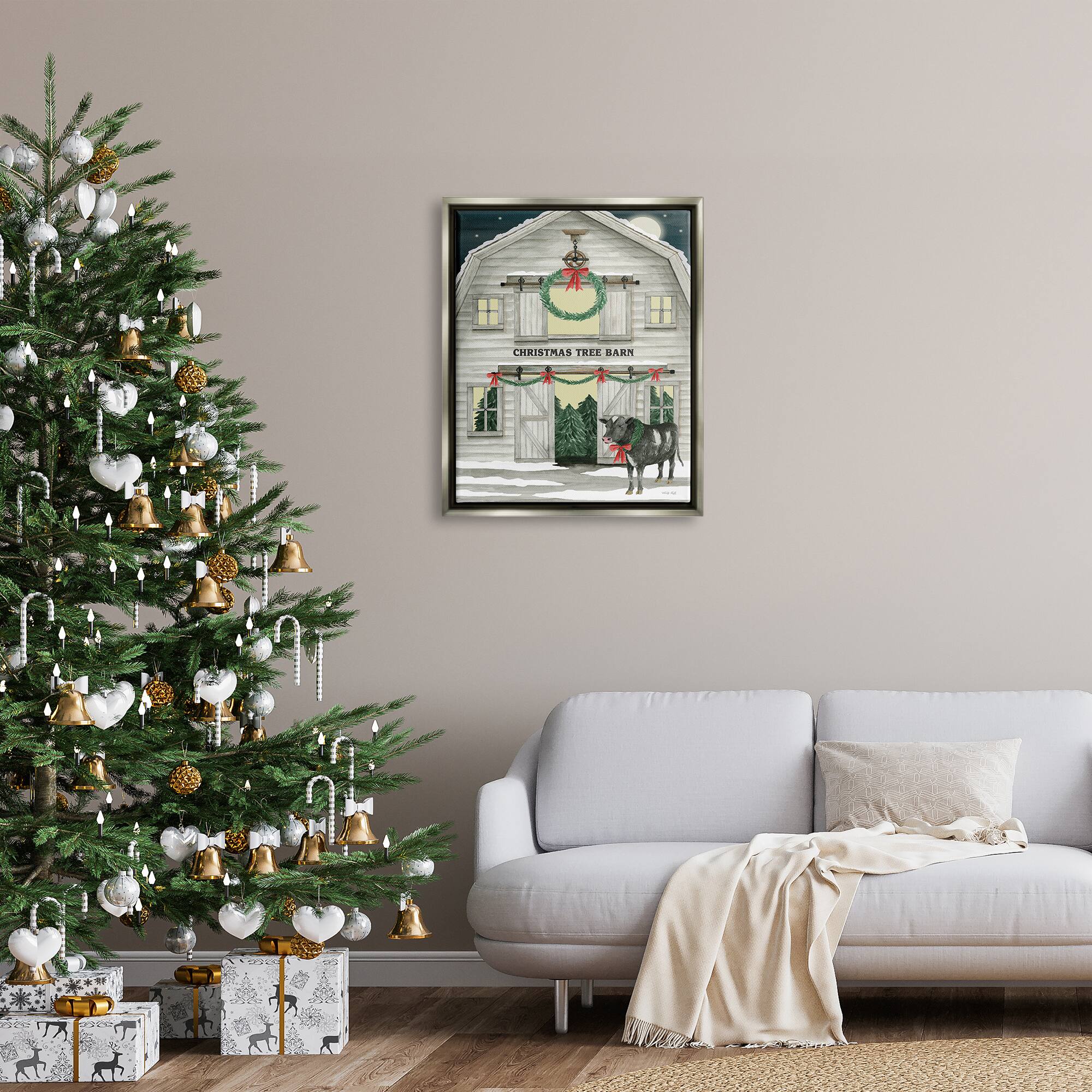 Stupell Industries Christmas Tree Barn Rural Countryside Framed Floater Canvas Wall Art