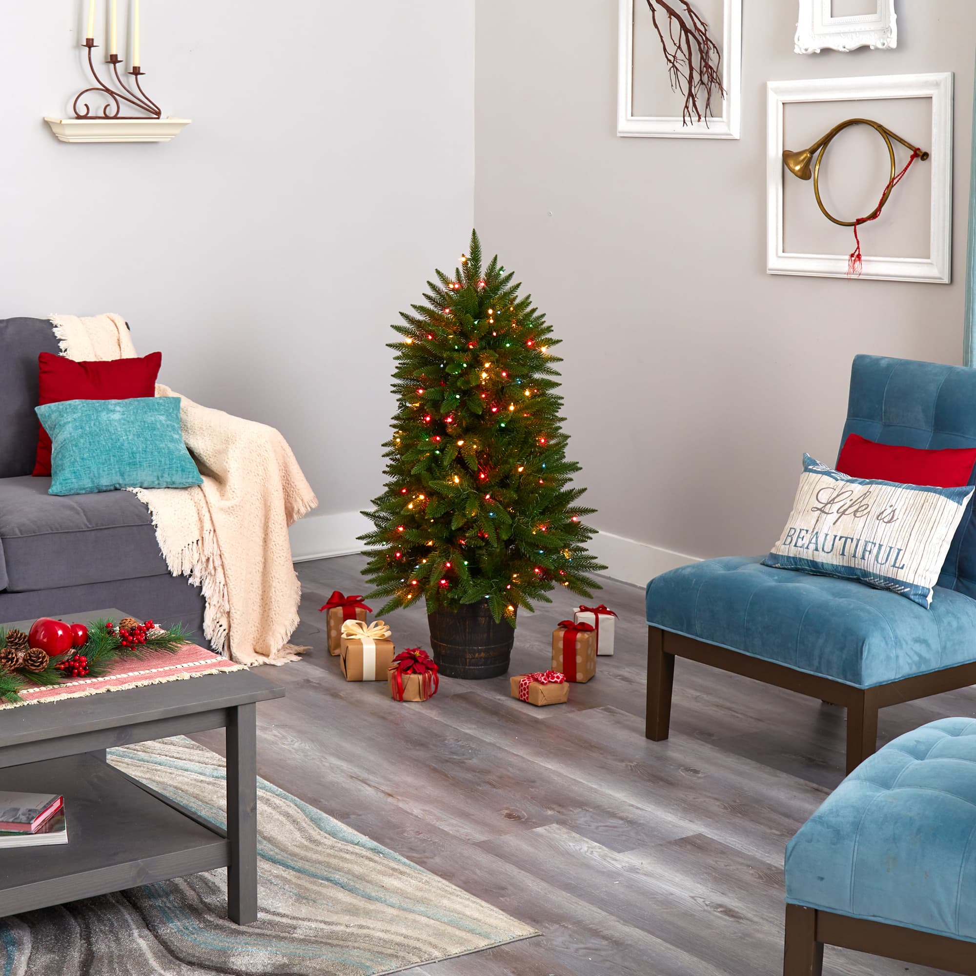 5ft. Pre-Lit Sierra Fir Artificial Potted Christmas Tree with Multicolored Lights