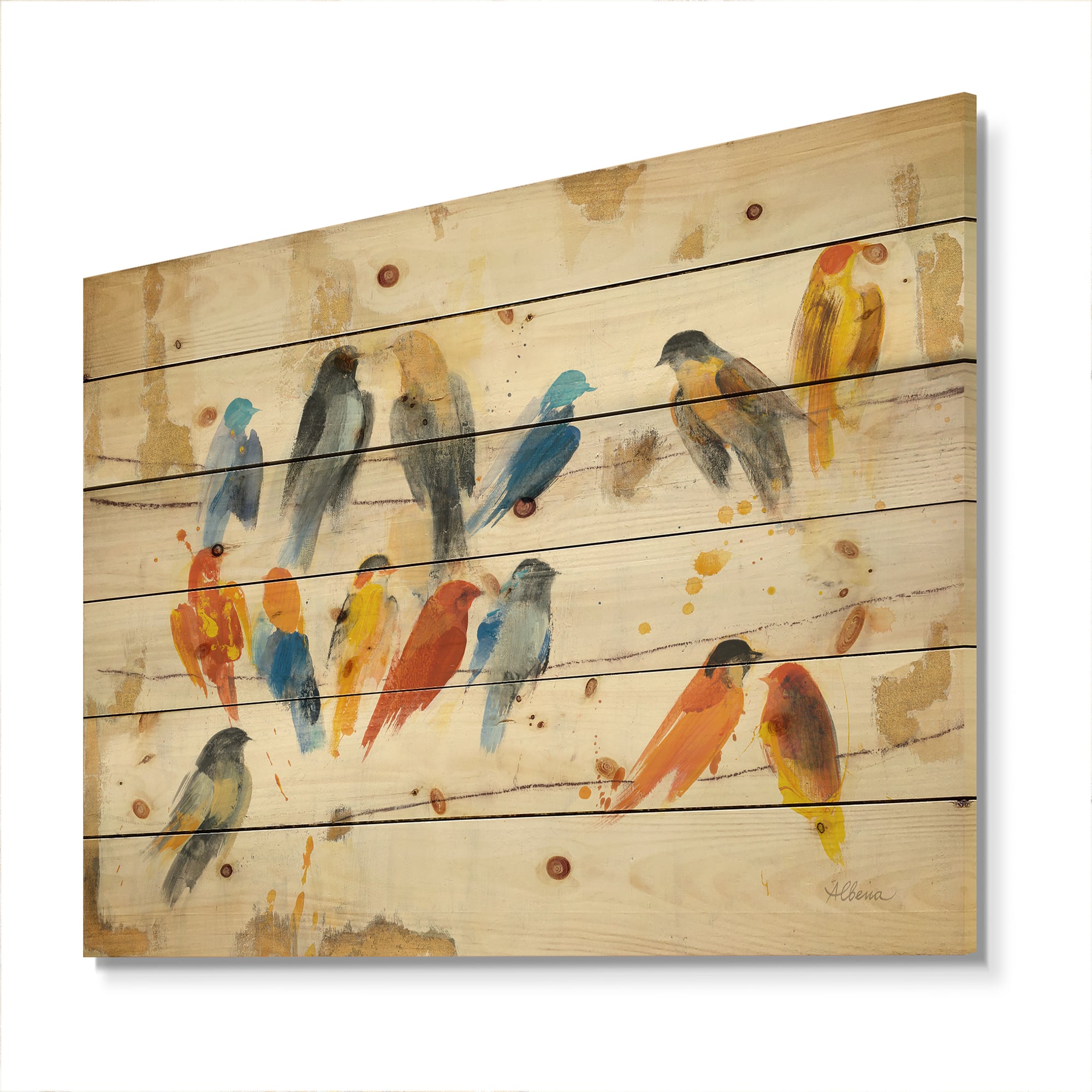 Designart - Multicolor Bird Meeting - Traditional Animal Print on Natural Pine Wood