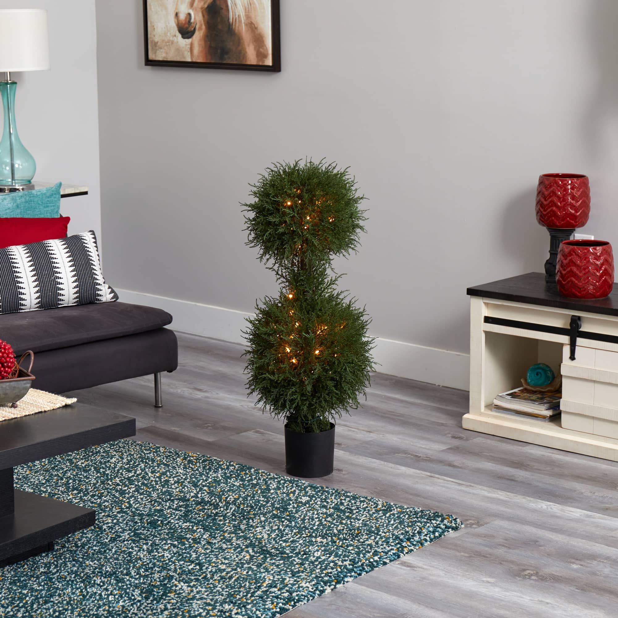 3.5ft. Pre-Lit Potted Cedar Double Ball Topiary Tree