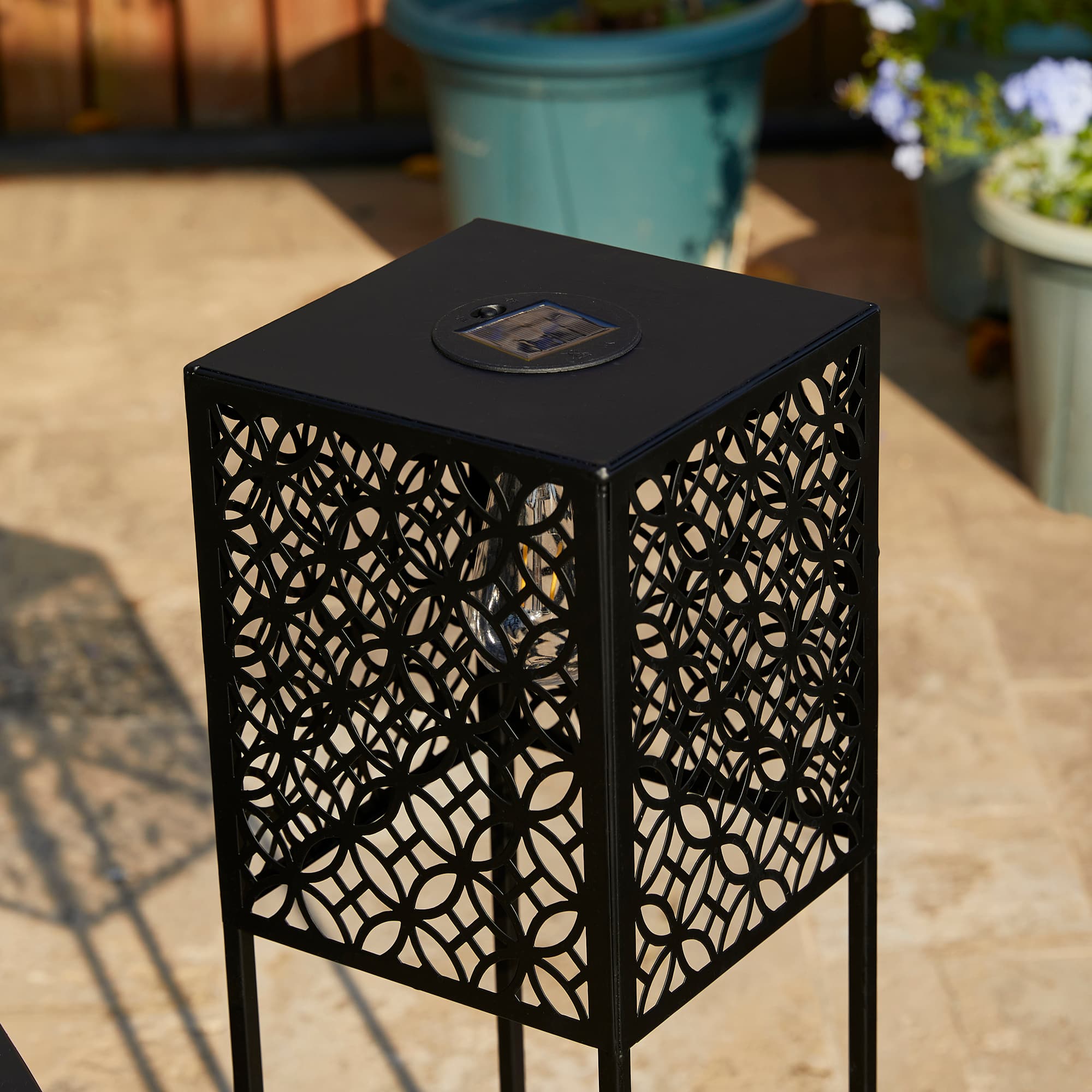 Glitzhome® Black Metal Cutout Pattern Solar Powered Outdoor Floor Lanterns Set