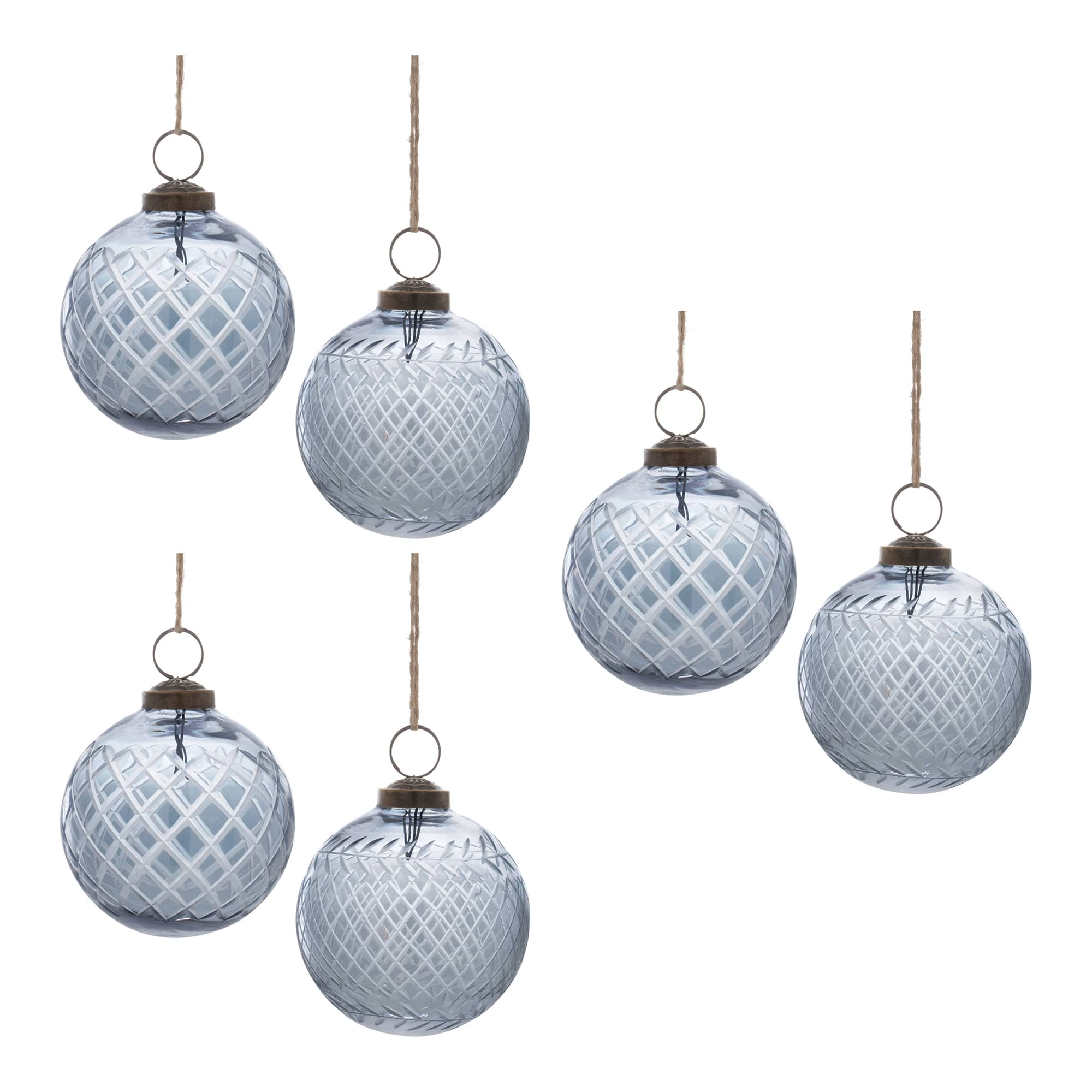 Blue Harlequin Etched Glass Ball Ornament Set