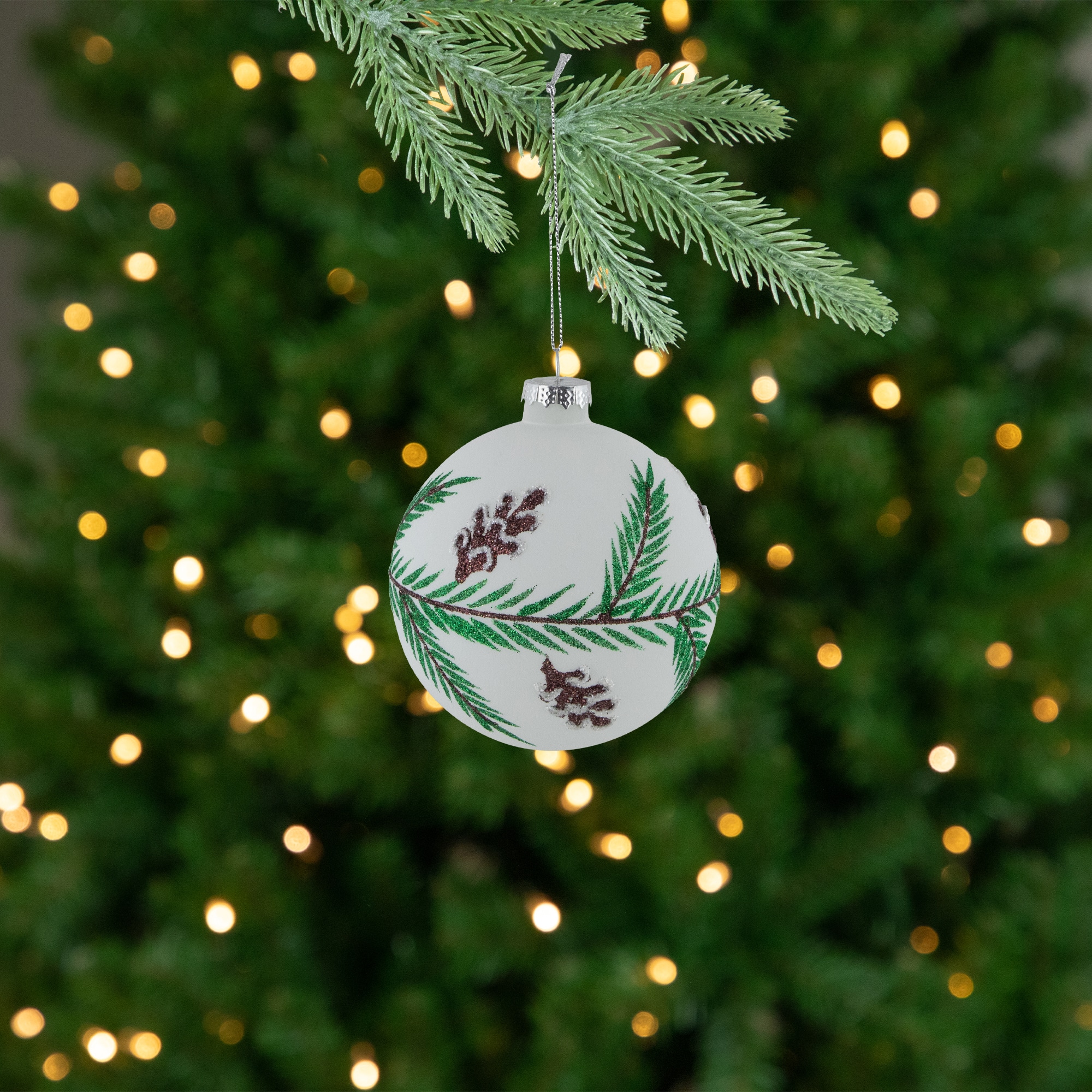 Glittered Glass Ball Christmas Ornaments with Pine Cones  - 4&#x22; (100mm) - 4ct