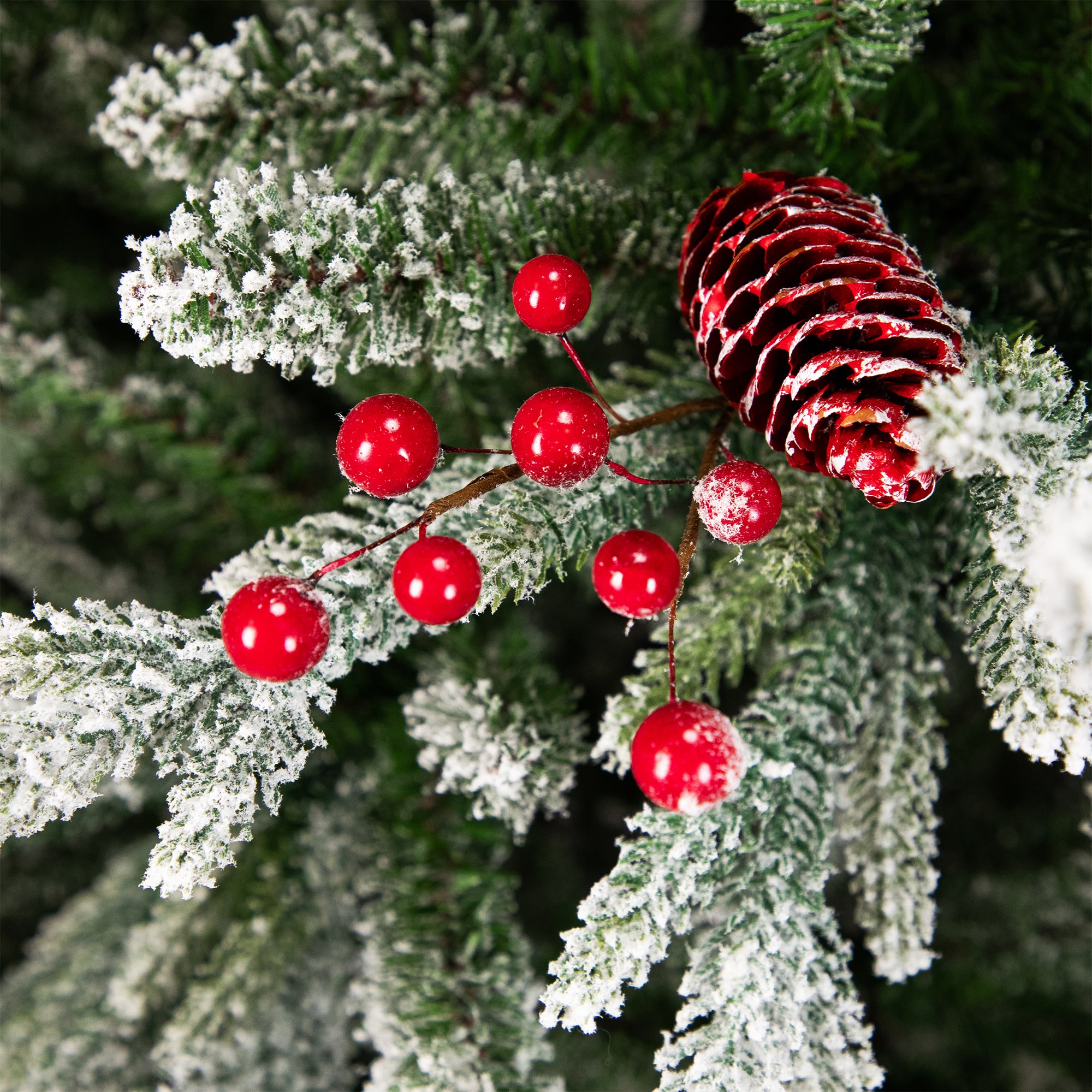 6.5ft. Unlit Real Touch&#x2122; Flocked Grove Fir Full Artificial Christmas Tree with Red Berries &#x26; Pinecones