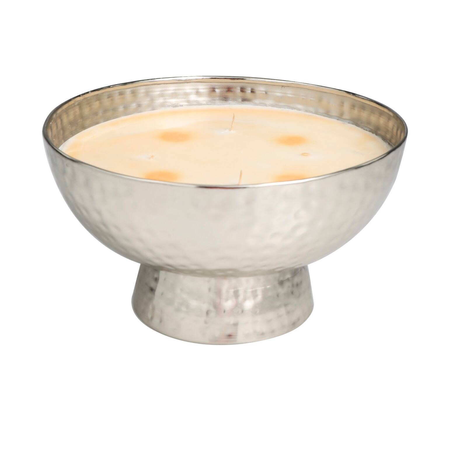 White Wax Jasmine Scented Candle with Elevated Wide Hammered Silver Container