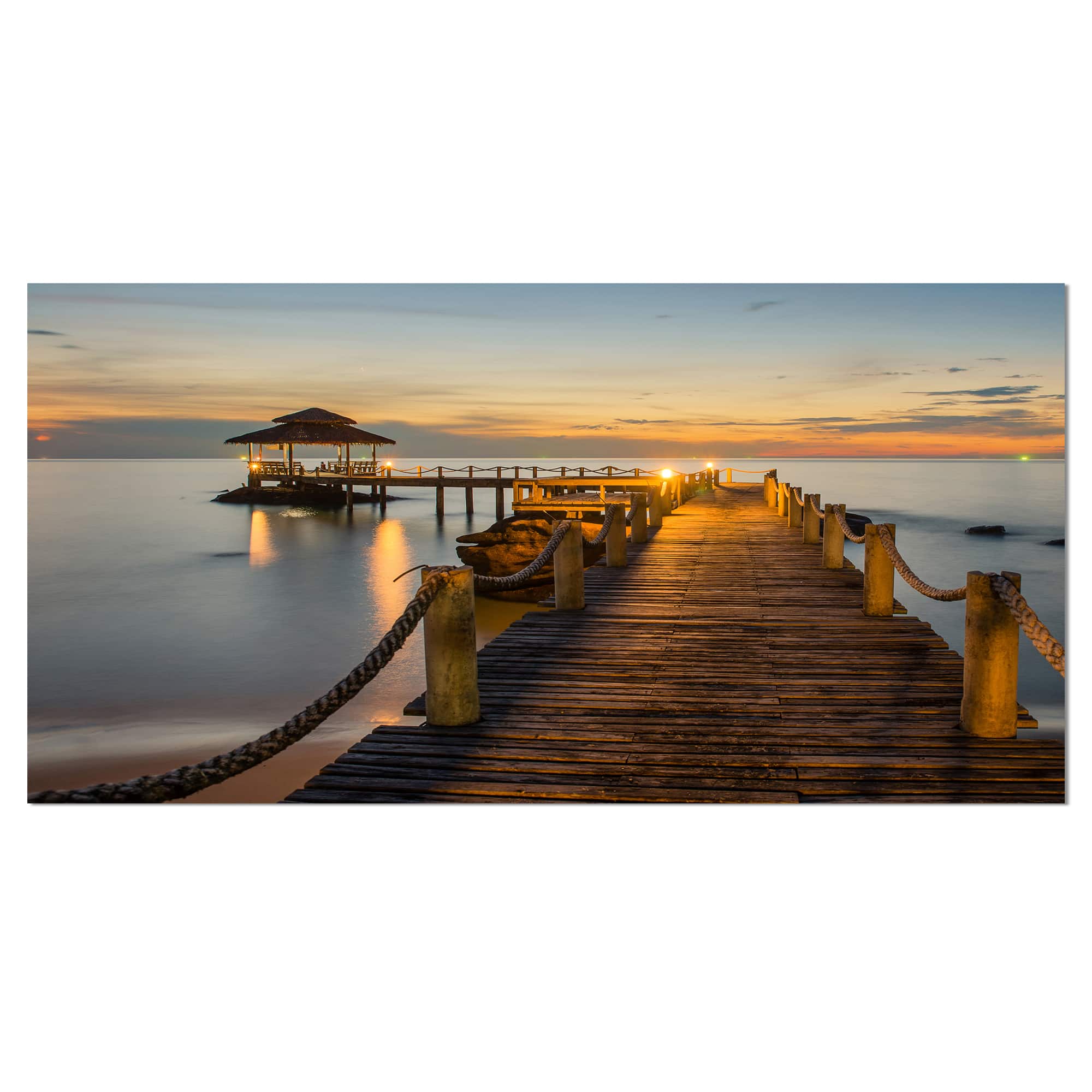 Designart - Brown Wooden Pier in Evening - Seashore Photo Canvas Print