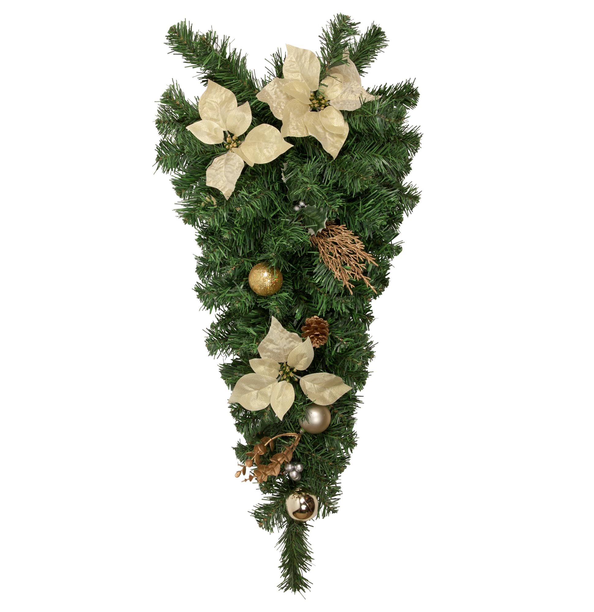 32" Unlit Gold Poinsettia, Pine Cone & Ball Teardrop Swag