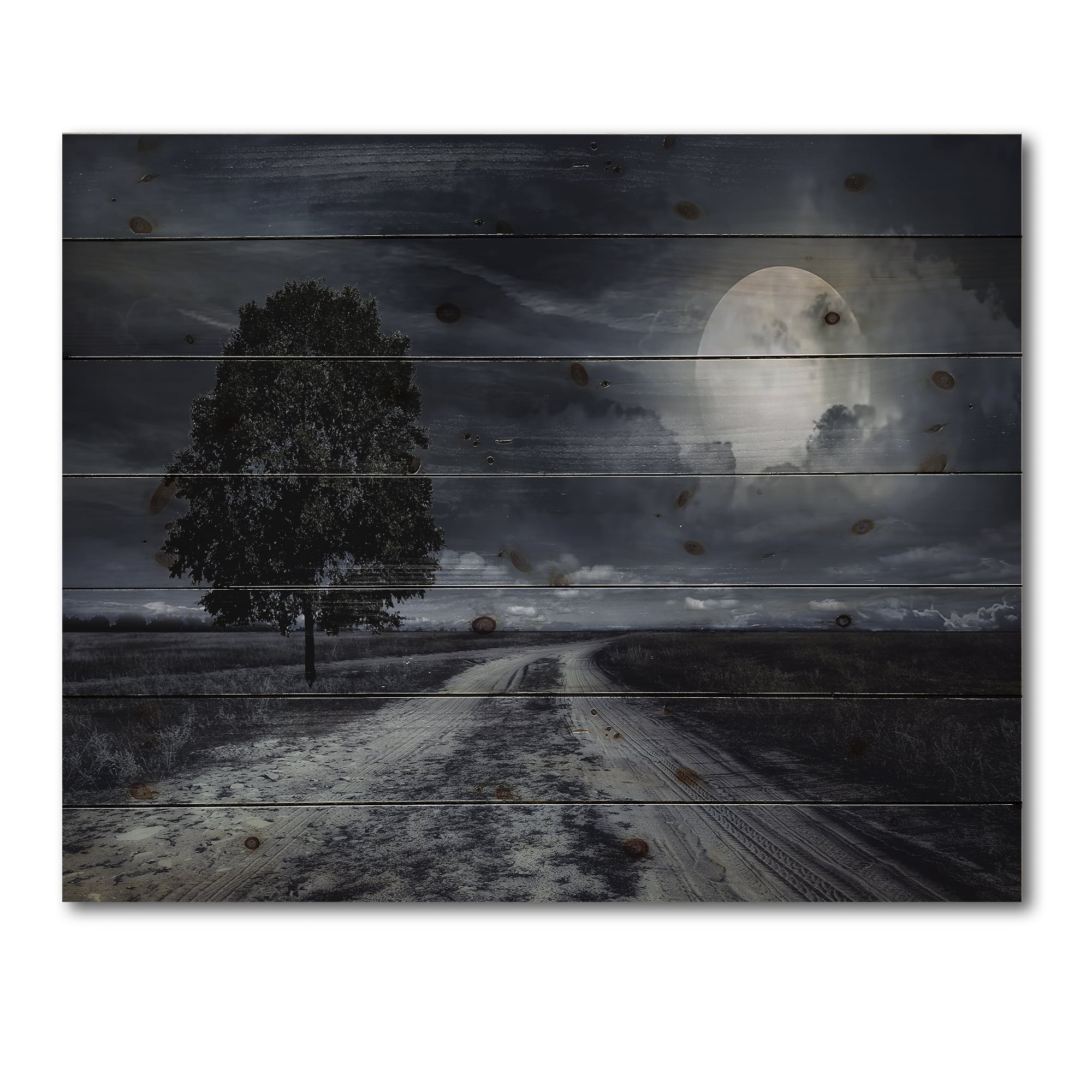 Designart - Paved Road Under A Full Moon - Nautical &#x26; Coastal Print on Natural Pine Wood