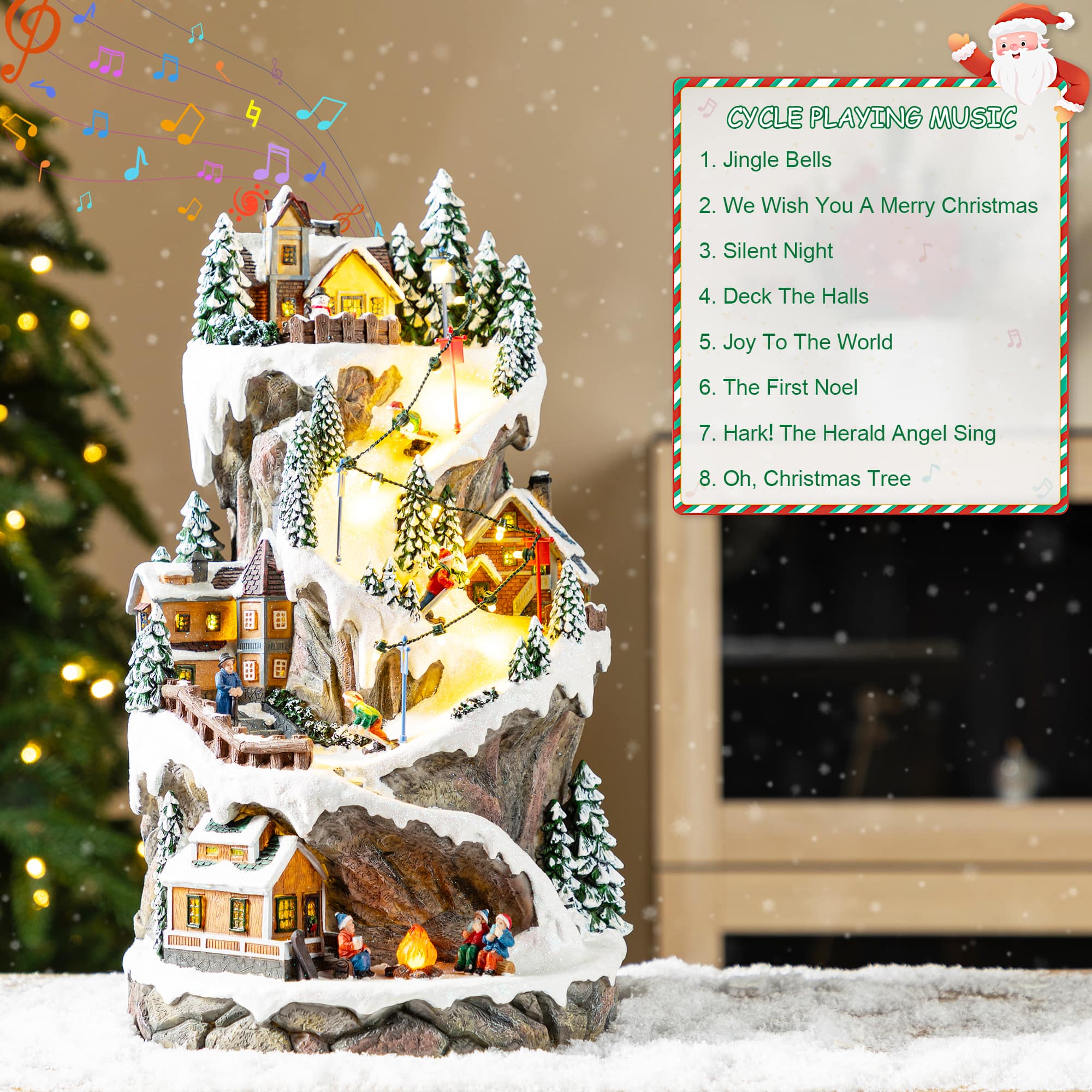 Glitzhome&#xAE; 15.5&#x22; Lighted Christmas Skiing Moutain Resin Village with Movement and Music