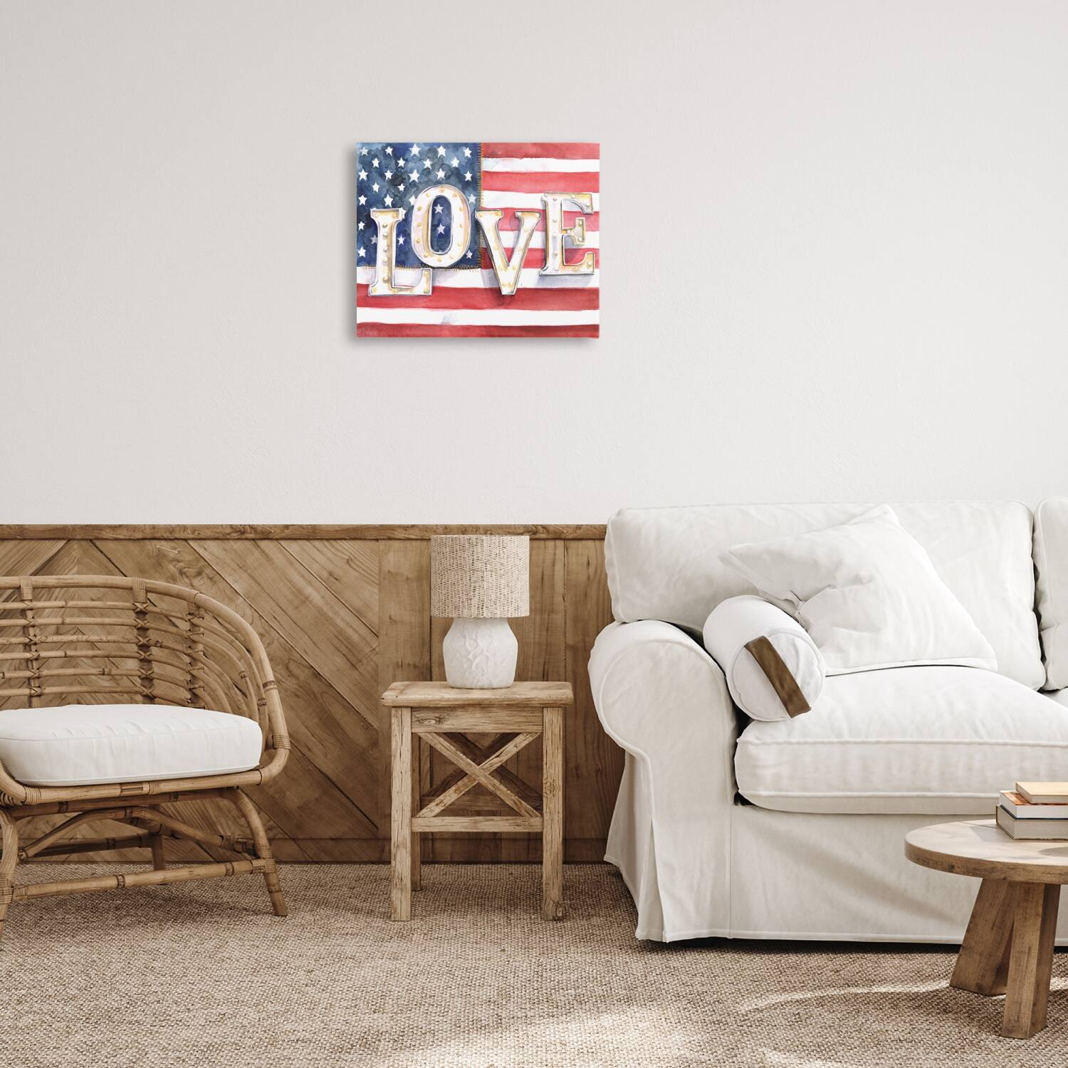 Stupell Industries Vintage Love Text Over Stitched American Flag Canvas Wall Art
