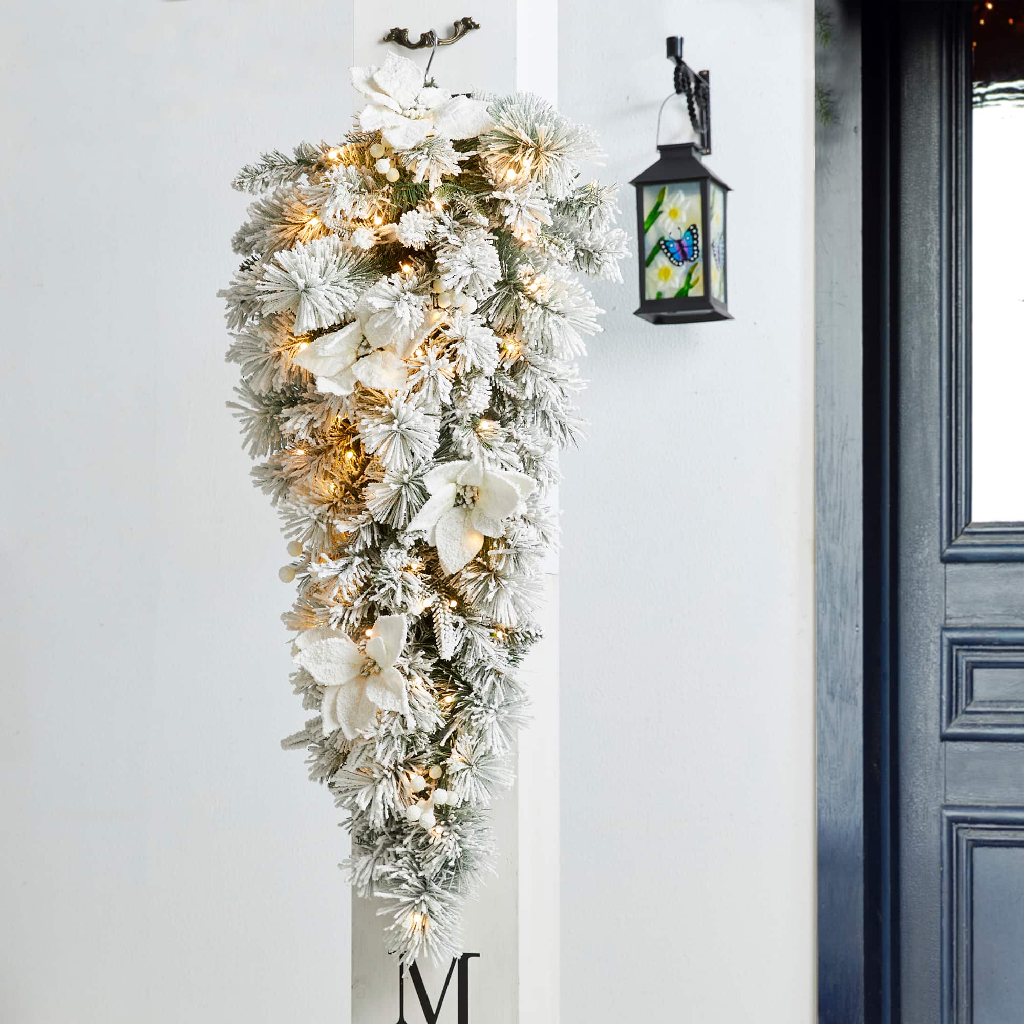 Glitzhome® 36" Pre-Lit Flocked Greenery Pine White Poinsettia & Berry Christmas Teardrop with Timer