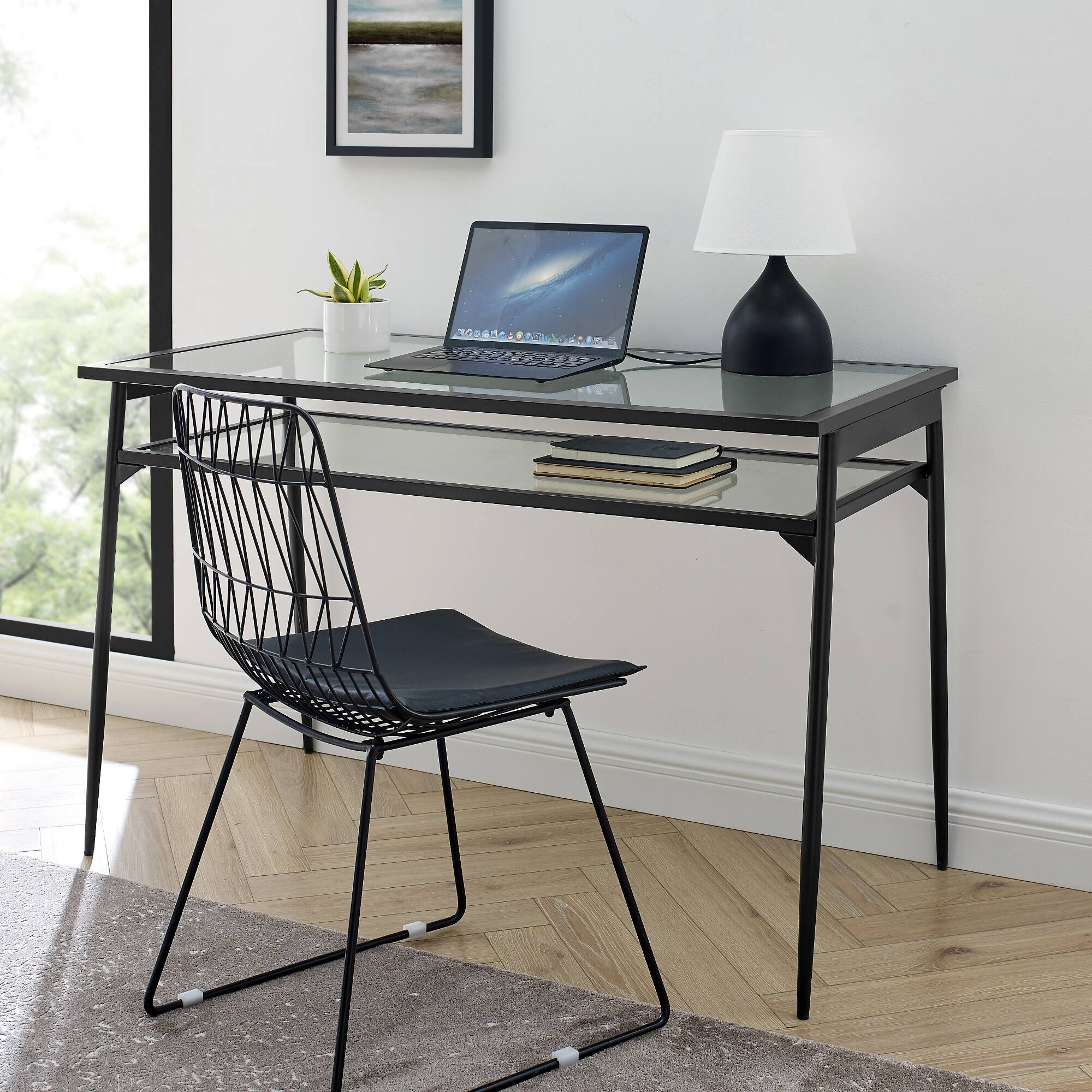 Walker Edison 48" Black Two Tier Glass & Metal Desk
