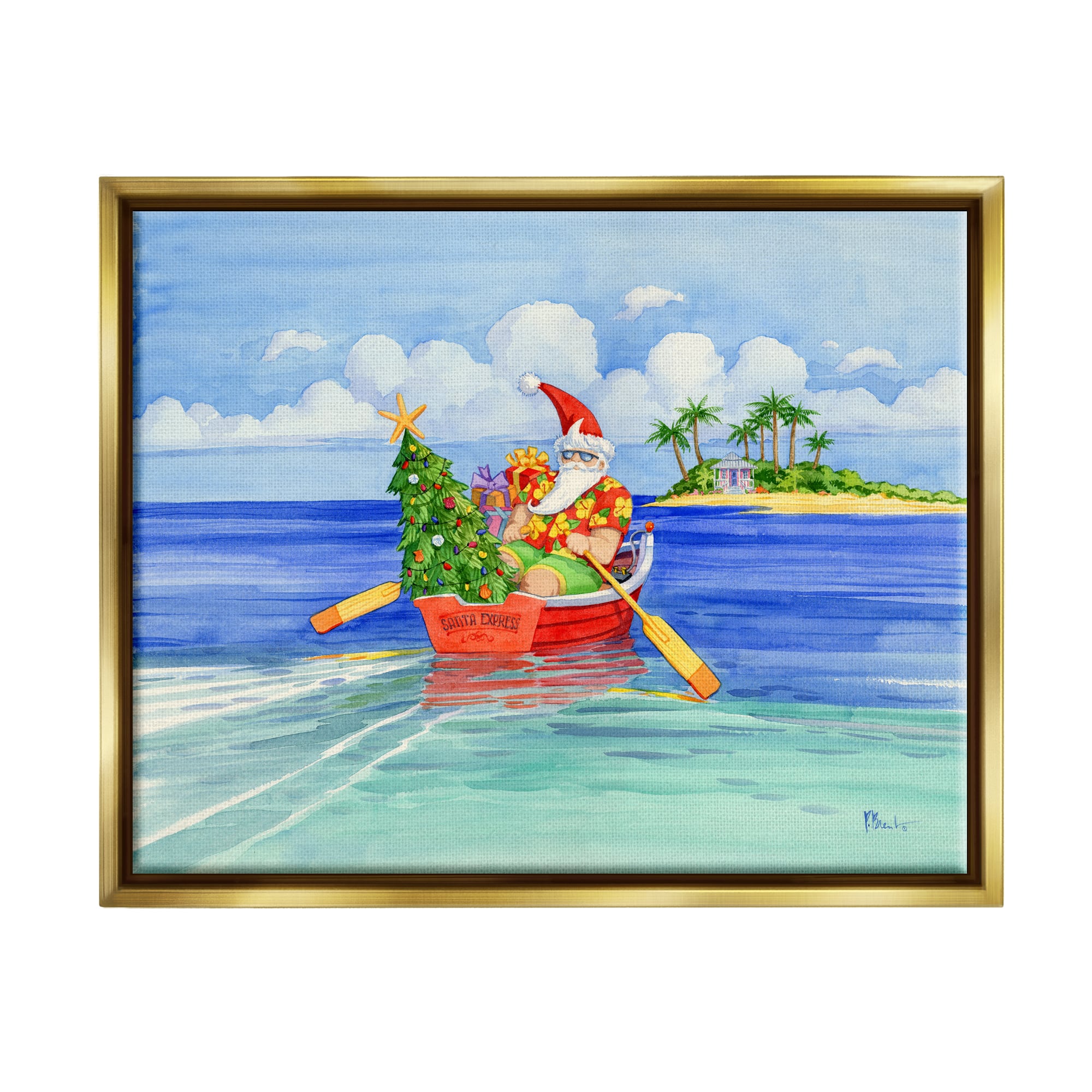 Stupell Industries Santa's Delivery Tropical Christmas Boat Gold Framed Floater Canvas Wall Art