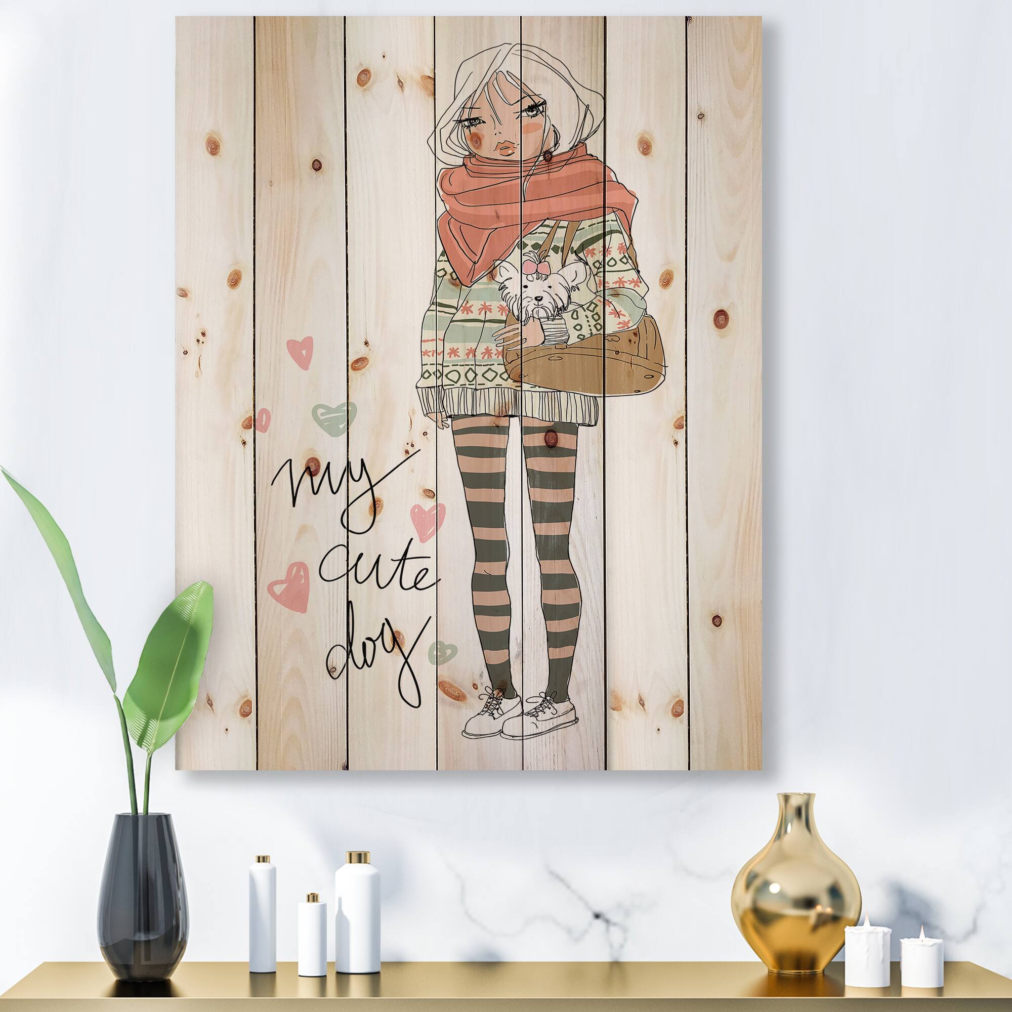 Designart - Cute Girl With Dog - Shabby Chic Print on Natural Pine Wood